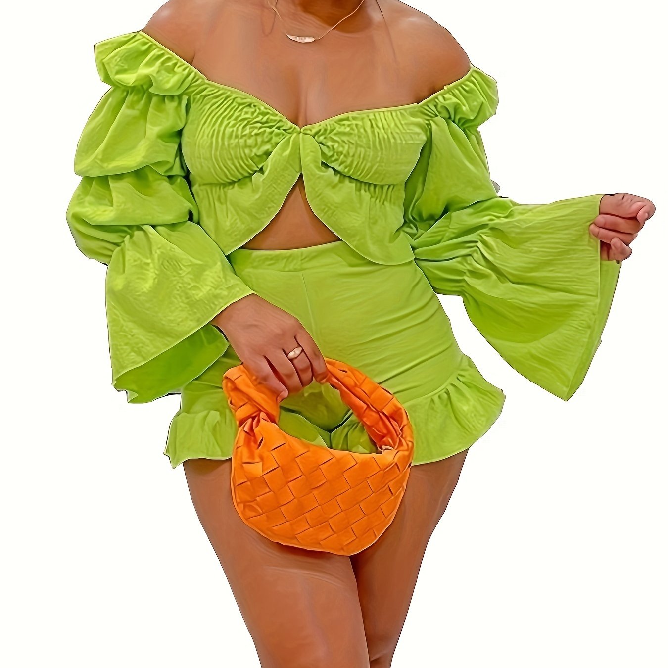 2 Piece Vacation Outfits For Women Summer Sexy Y2k Ruffle Lantern Long Sleeve Crop Top High Low Shorts Set Romper