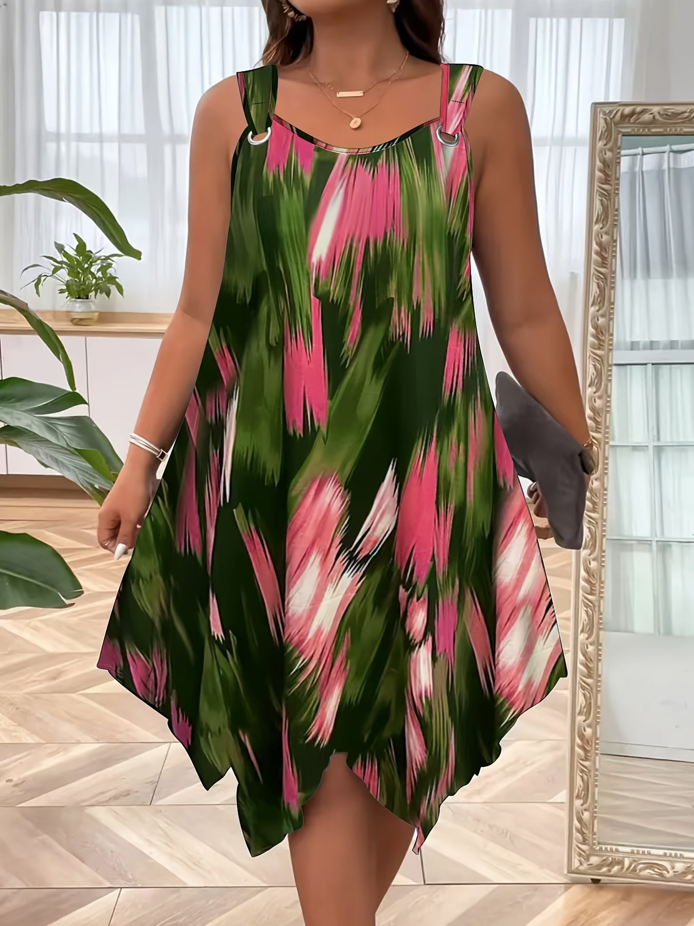 Plus Size Women's Elegant Sleeveless Summer Dress - Gradient Print with Pockets, Asymmetrical Hem & Round Neck, Machine Washable Casual to Semi-Formal Wear, Casual Summer Dresses, Lightweight Fashion, Round Neckline, Flowy Si