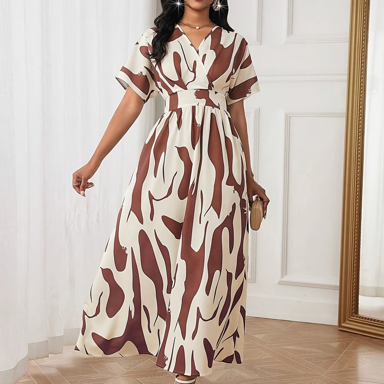 Vibrant Colorblock A-line Dress - Elegant Women's Spring & Summer Dresses with Cinched Waist, V Neck, Short Sleeves, and Flared Hem - Perfect for Outdoor Activities and Casual Events