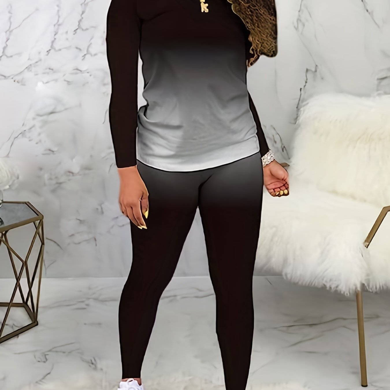 Plus Size Casual Outfits Set, Women's Plus Ombre Print Long Sleeve Round Neck Top & Pants Outfits Two Piece Set