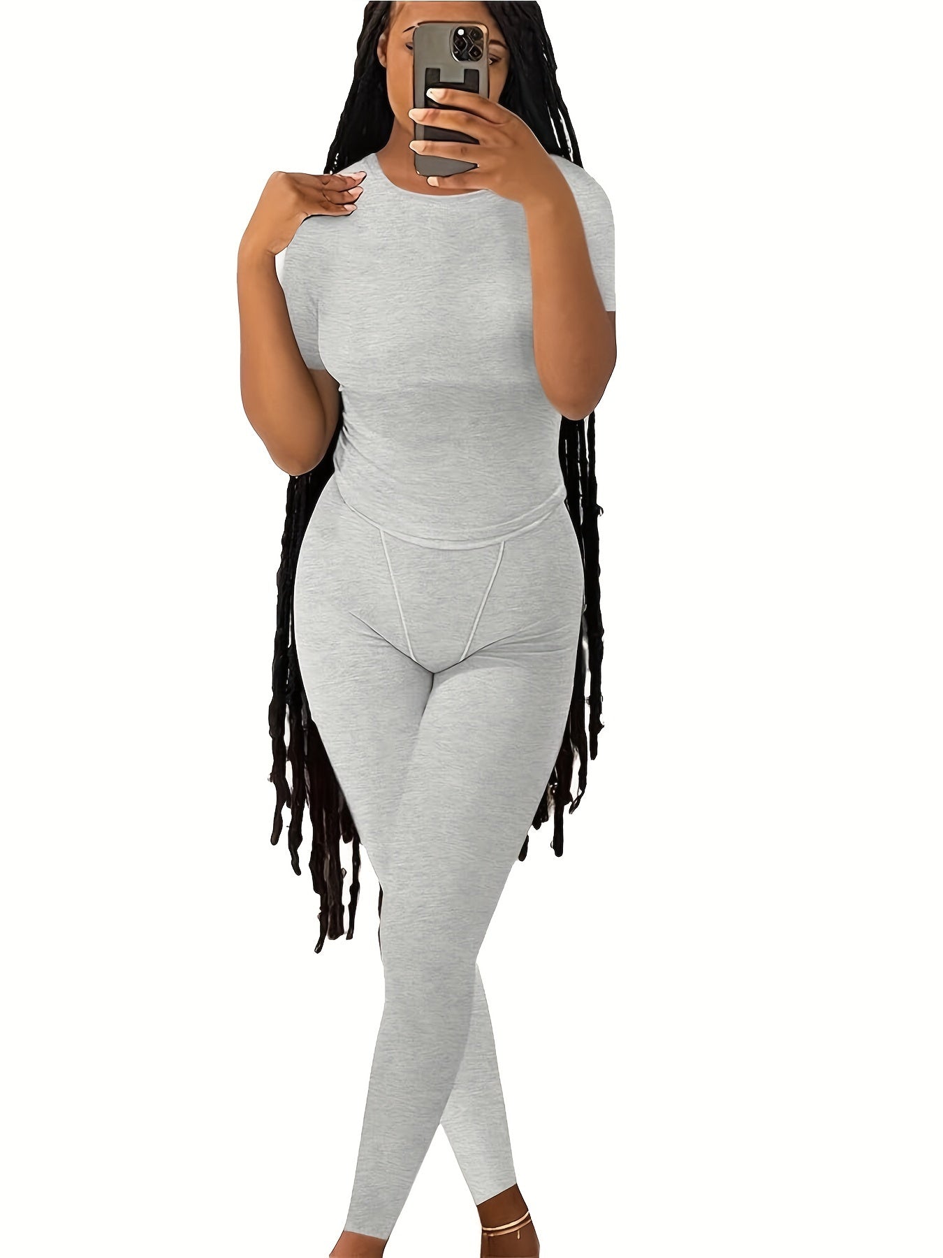 Casual Solid Two-piece Set, Crew Neck Short Sleeve Top & Skinny Pants Outfits, Women's Clothing