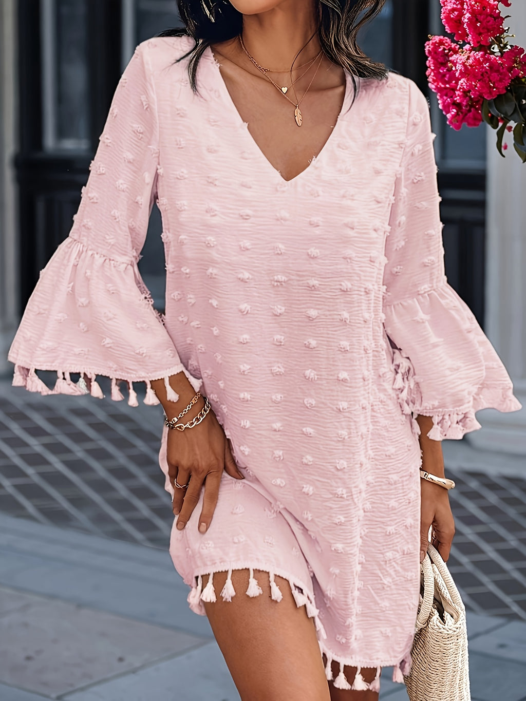 Women's Summer Casual Polka Dot V-Neck Dress with Ruffle Sleeves & Cutout Details - Lightweight Straight Cut Beach Dress for Women, Hand Wash Only, Summer Fashion | Bohemian Style | Frayed Hem Detailing, Summer Dresses