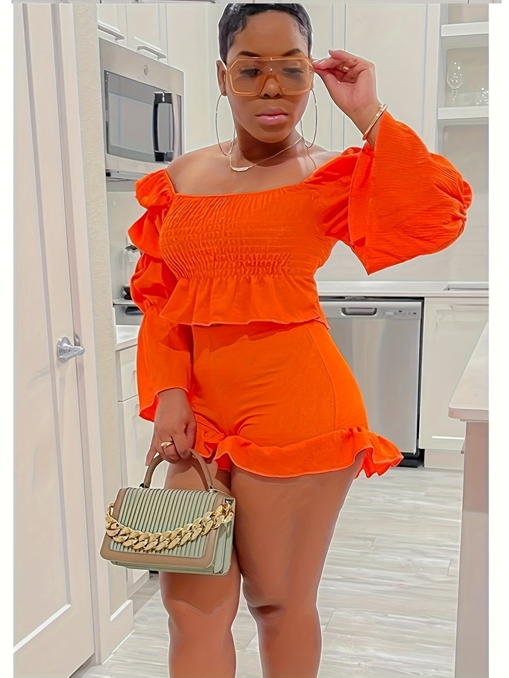 2 Piece Vacation Outfits For Women Summer Sexy Y2k Ruffle Lantern Long Sleeve Crop Top High Low Shorts Set Romper