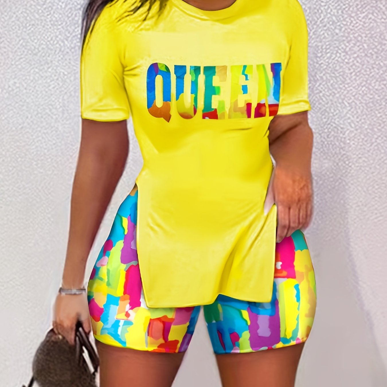 Two-Piece Casual Outfit Set for Women - Crew Neck Short Sleeve Tee & Colorful Alphabet Print Shorts - Soft Polyester Knit Fabric, Semi-Sheer, Machine Washable, Perfect for Spring & Summer