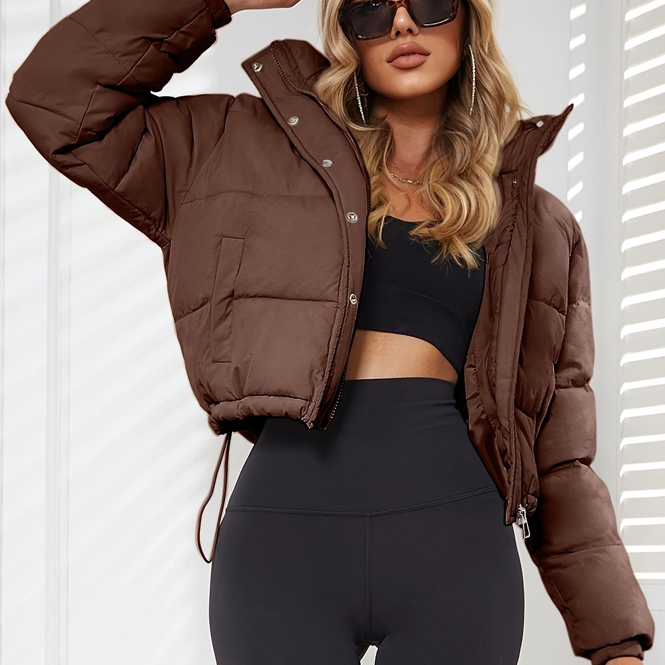Women's Casual Short Puffer Jacket - Black Solid Hooded Design, Polyester Smooth Fabric, 70g/m² Lining, Long Sleeve with Drawstring | Winter Warmth | Comfortable Fit