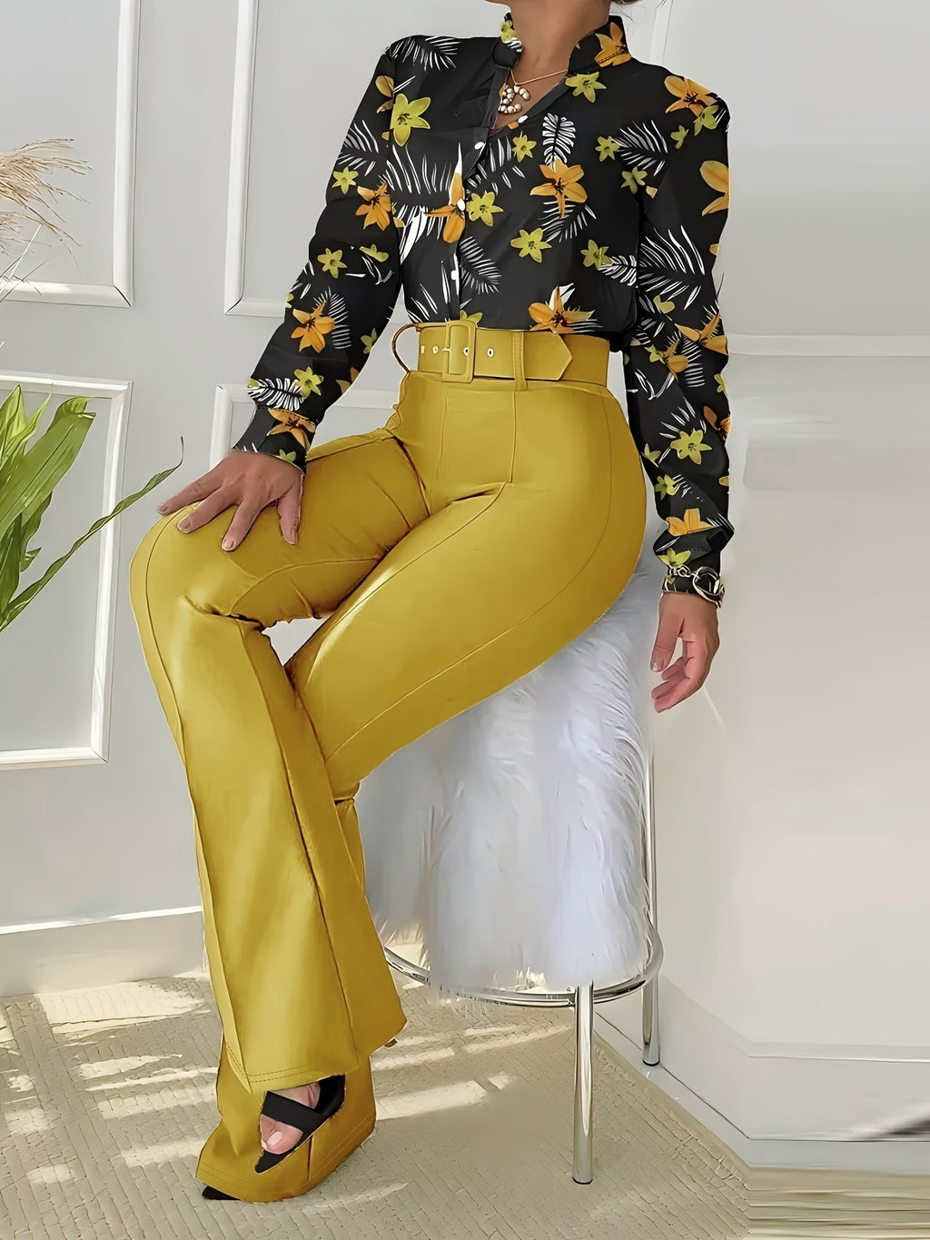 Women'S Casual Floral Print Two-Piece Set - Long Sleeve Blouse with Ruffle Detail, Wide-Leg Pants, and White Heels, All-Season Stylish Outfit, Casual Attire | Floral Print Top | Ruffle Detail Top, Ladies Casual Wear