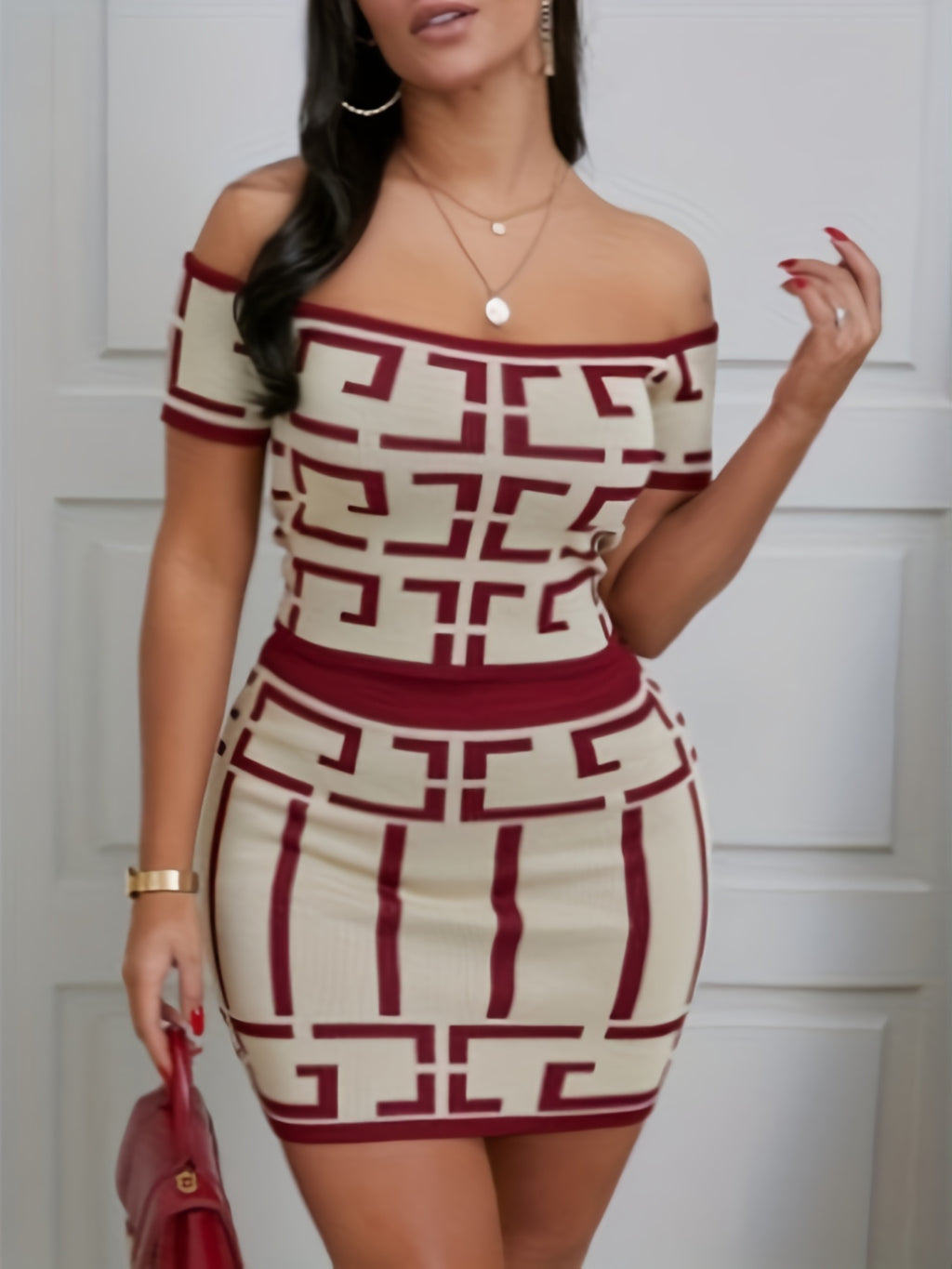 Elegant Geometric Print Two-Piece Skirt Suit for Women - Off the Shoulder, Fabric, Perfect for Spring/Fall, Casual Chic Outfit|Geometric Print Dress| Constructio