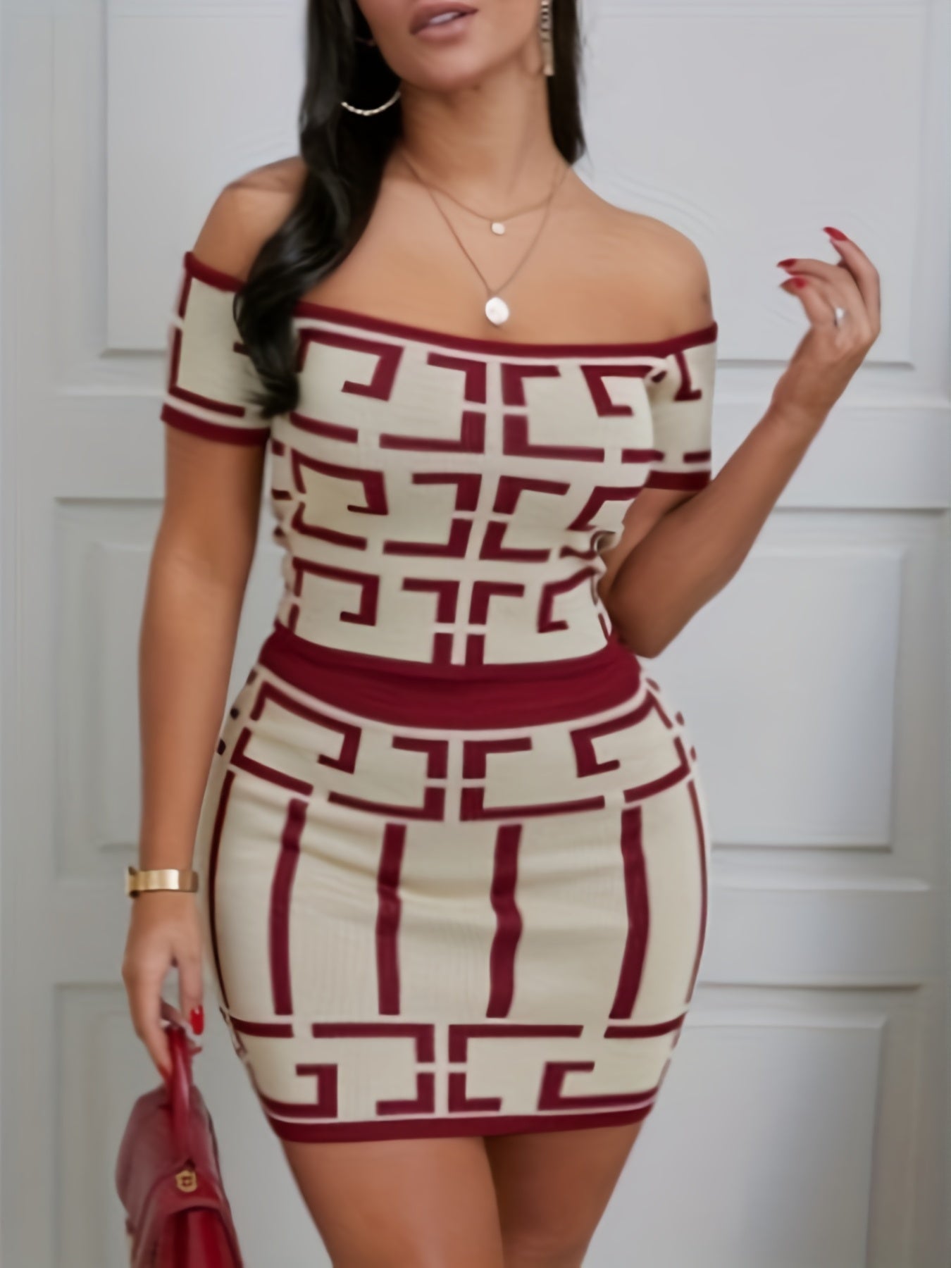 Elegant Geometric Print Two-Piece Skirt Suit for Women - Off the Shoulder, Fabric, Perfect for Spring/Fall, Casual Chic Outfit|Geometric Print Dress| Constructio