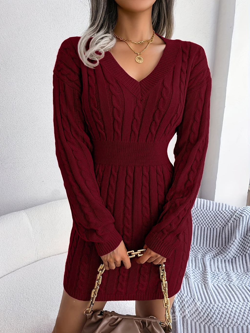 Women's Burgundy Cable- Sweater Dress - Short Sleeve -Line Dress with Voluminous Hem, Machine Washable Winter Wedding Guest Dress, Casual to Formal Outfits (No Dry Clean) - Cozy Knitwear for Parties &, Winter Dresses For Wome