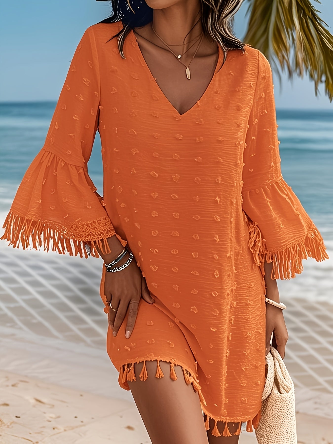 Women's Summer Casual Polka Dot V-Neck Dress with Ruffle Sleeves & Cutout Details - Lightweight Straight Cut Beach Dress for Women, Hand Wash Only, Summer Fashion | Bohemian Style | Frayed Hem Detailing, Summer Dresses