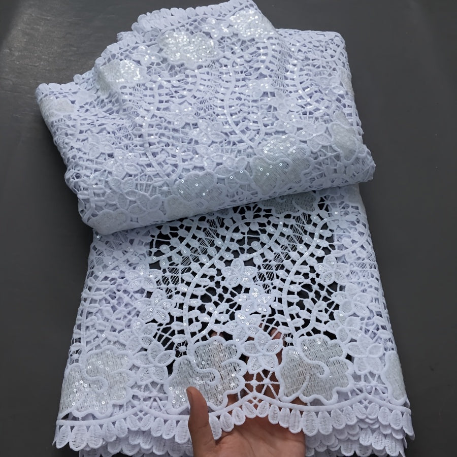 1pc 5 Yards White Guipure Cord Lace Fabric with Sequins - 100% Polyester French Water Soluble Lace, Floral Pattern Precut Fabric for Elegant Women's Dresses, Hand Wash Only, Wedding Attire | Sophisticated Style | Texture
