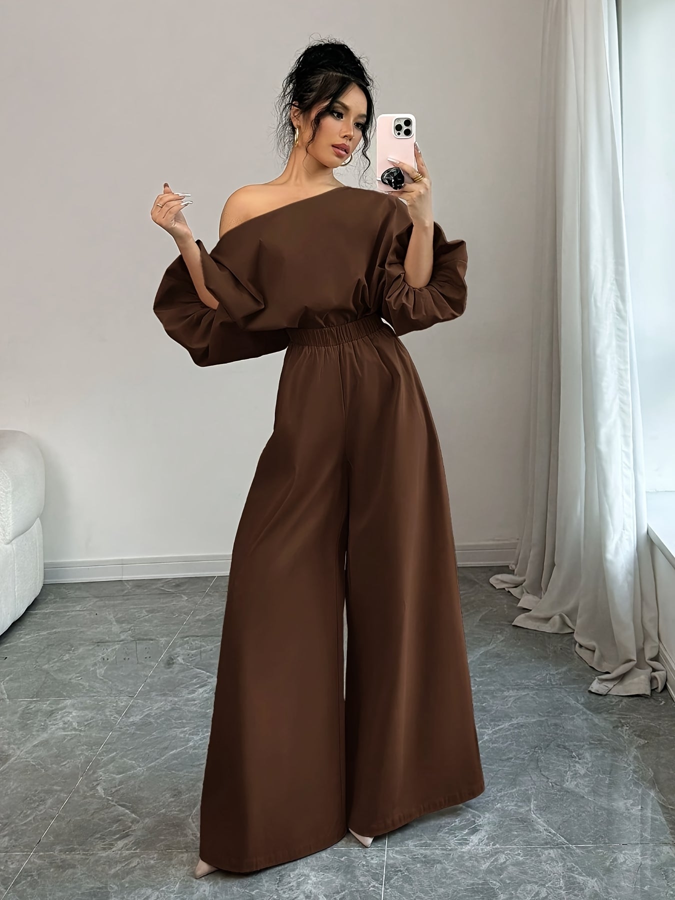 Women's Elegant Navy Blue Elegant Two-Piece Set - Structured One-Shoulder Bubble Sleeve Top & High-Waisted Wide-Leg Pants, Solid Color Winter Outfit with Puffed Sleeves, Machine Washable Formal & Everyday Winter Attire for Fa