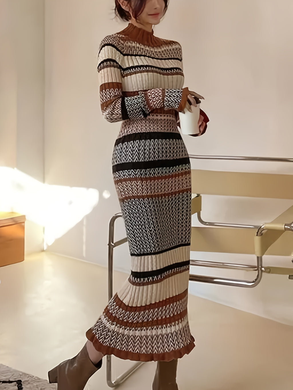 Women's Elegant High-Neck Long Sleeve Slim-Fit Dress - Soft Geometric Striped (Brown/Beige/Black/White) A-Line Winter Dress with Long Sleeves, Tailored Fall Winter Outfits for Casual to Formal Events, Hand Washable, Winter Dr