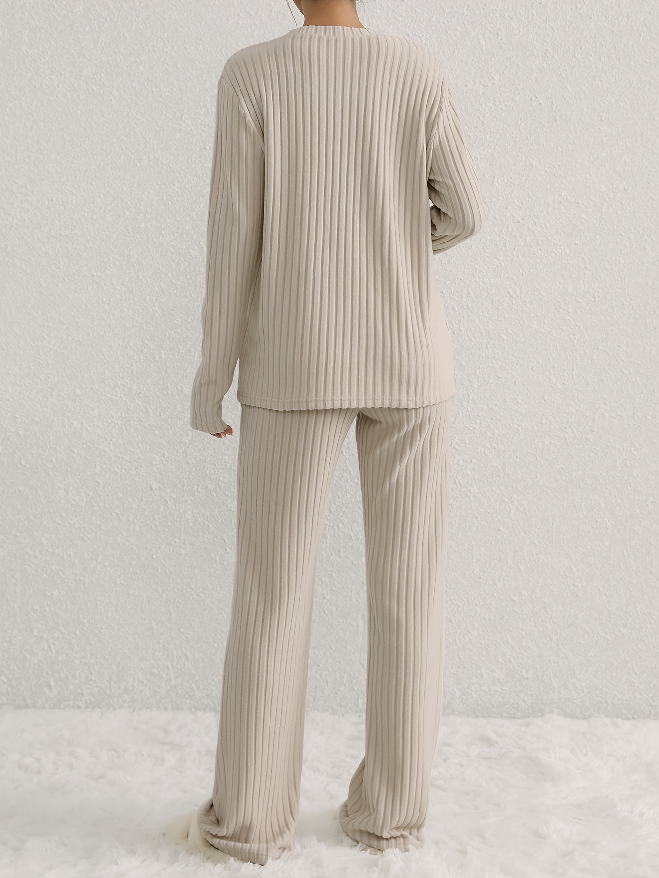 Two-piece Long Sleeve Casual Ribbed Knit Set, V Neck Top & Loose Pants Outfits for Women
