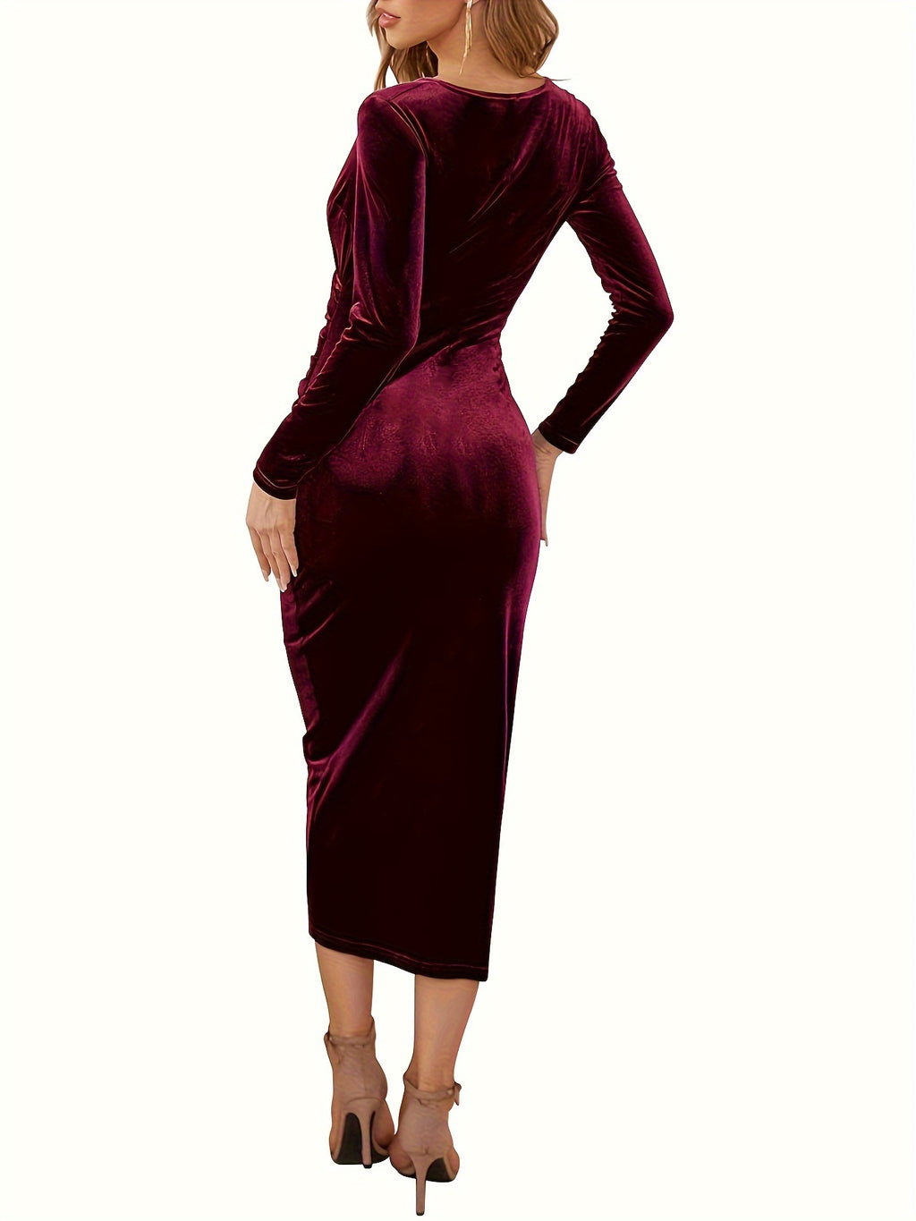 Surplice Neck Solid Dress, Elegant Long Sleeve Bodycon Party Dress, Women's Clothing