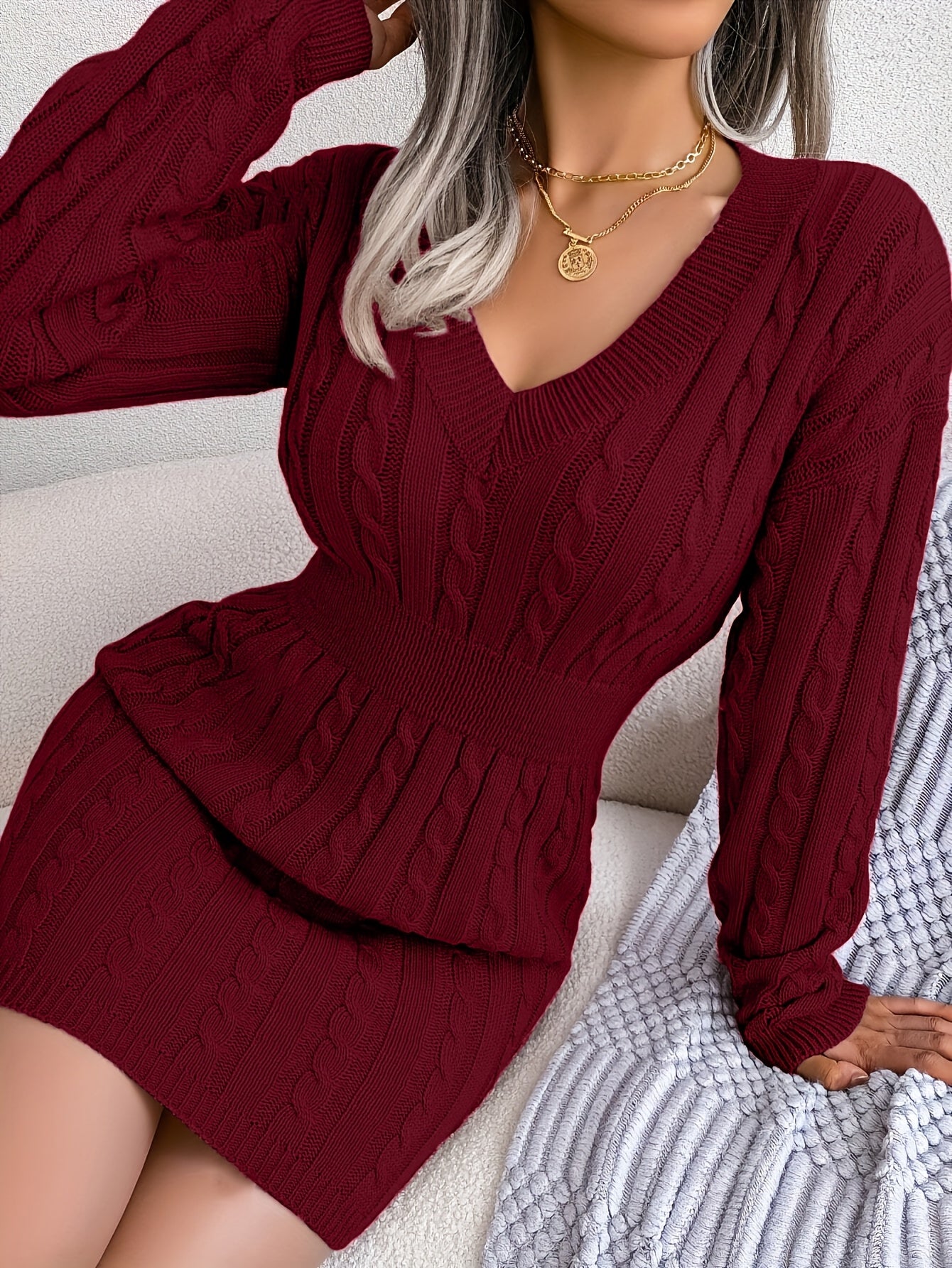 Women's Burgundy Cable- Sweater Dress - Short Sleeve -Line Dress with Voluminous Hem, Machine Washable Winter Wedding Guest Dress, Casual to Formal Outfits (No Dry Clean) - Cozy Knitwear for Parties &, Winter Dresses For Wome