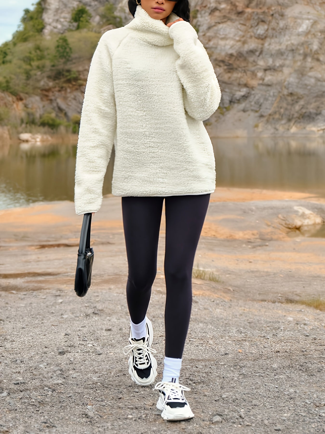 Women's Plush Winter Hoodie - Elegant High-Neck Sweater Jacket, Soft Warm Long Sleeve Pullover Coat, Machine Washable White Sweater for Fall & Winter, Casual to Formal Wear (No Bulk Collar), Winter Clothes For Women, Sweaters