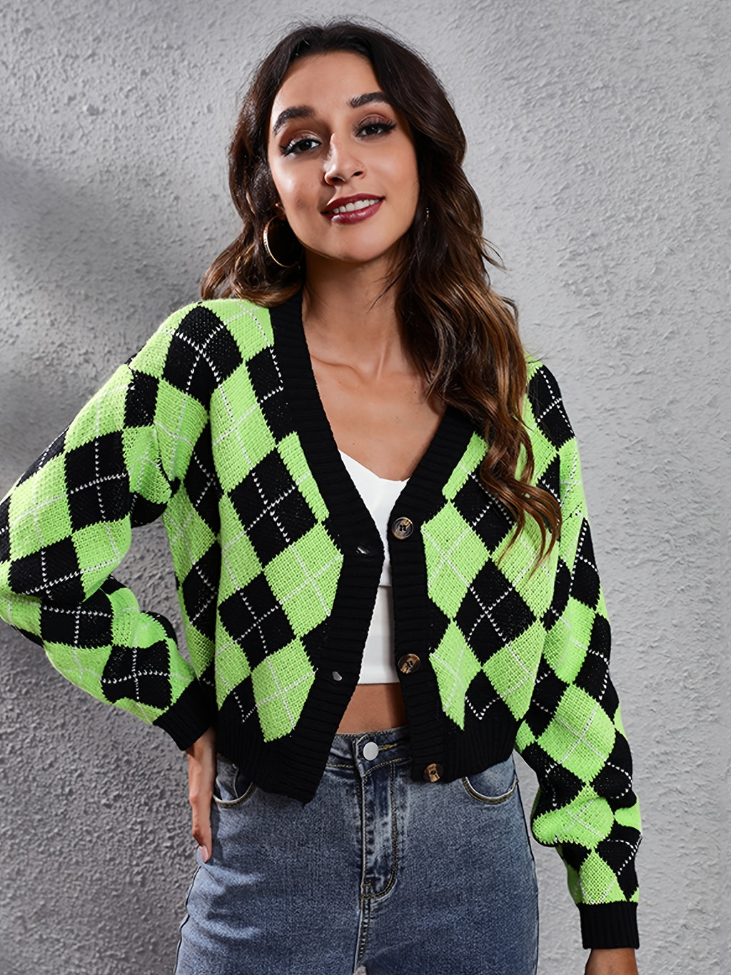 Women'S Elegant Tartan Knit Cardigan, V-Neck Short Length Sweater with Button Detail, Acrylic 100% Long Sleeve Knitwear for Fall/Winter