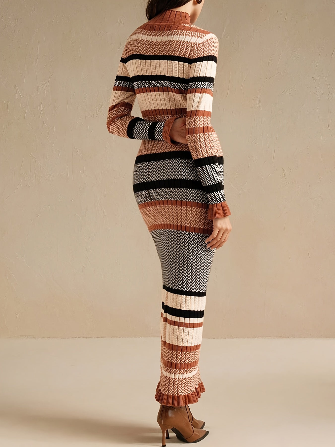 Women's Elegant High-Neck Long Sleeve Slim-Fit Dress - Soft Geometric Striped (Brown/Beige/Black/White) A-Line Winter Dress with Long Sleeves, Tailored Fall Winter Outfits for Casual to Formal Events, Hand Washable, Winter Dr