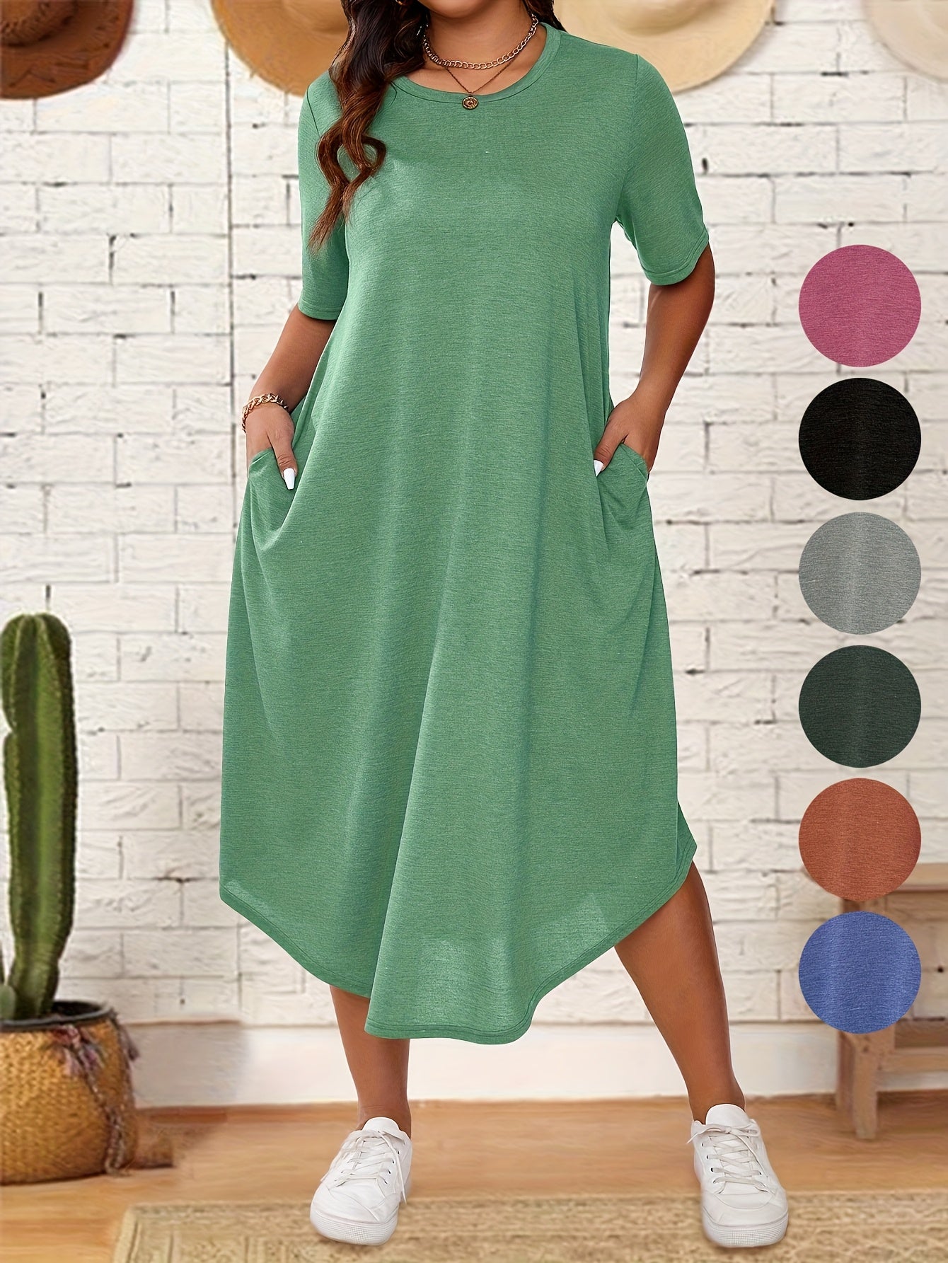 Plus Size Solid Color Dress, Casual Short Sleeve Crew Neck Dress for Spring & Summer, Women's Plus Size Clothing, Plus Size Dresses