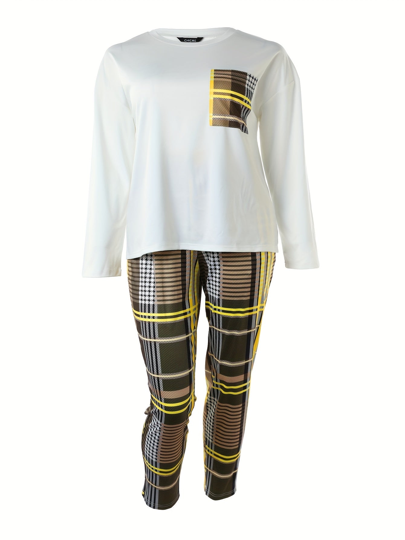 Plus Size Casual Outfits Set, Women's Plus Plaid Print Long Sleeve Round Neck Top & Pocketed Pants Outfits Two Piece Set