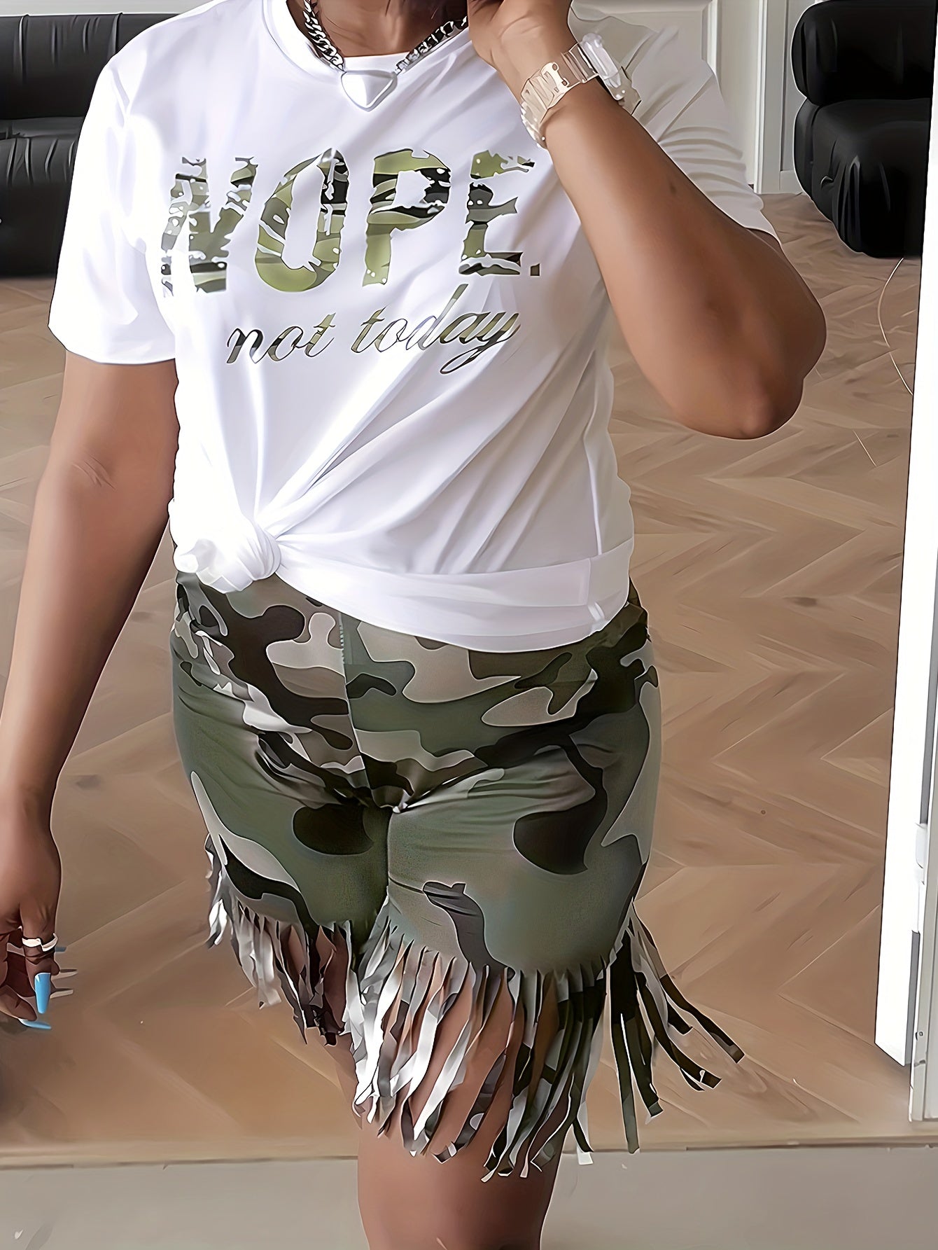 Plus Size, Camouflage Casual Print Fringe Patchwork O-Neck Short Sleeve Two-Piece Set