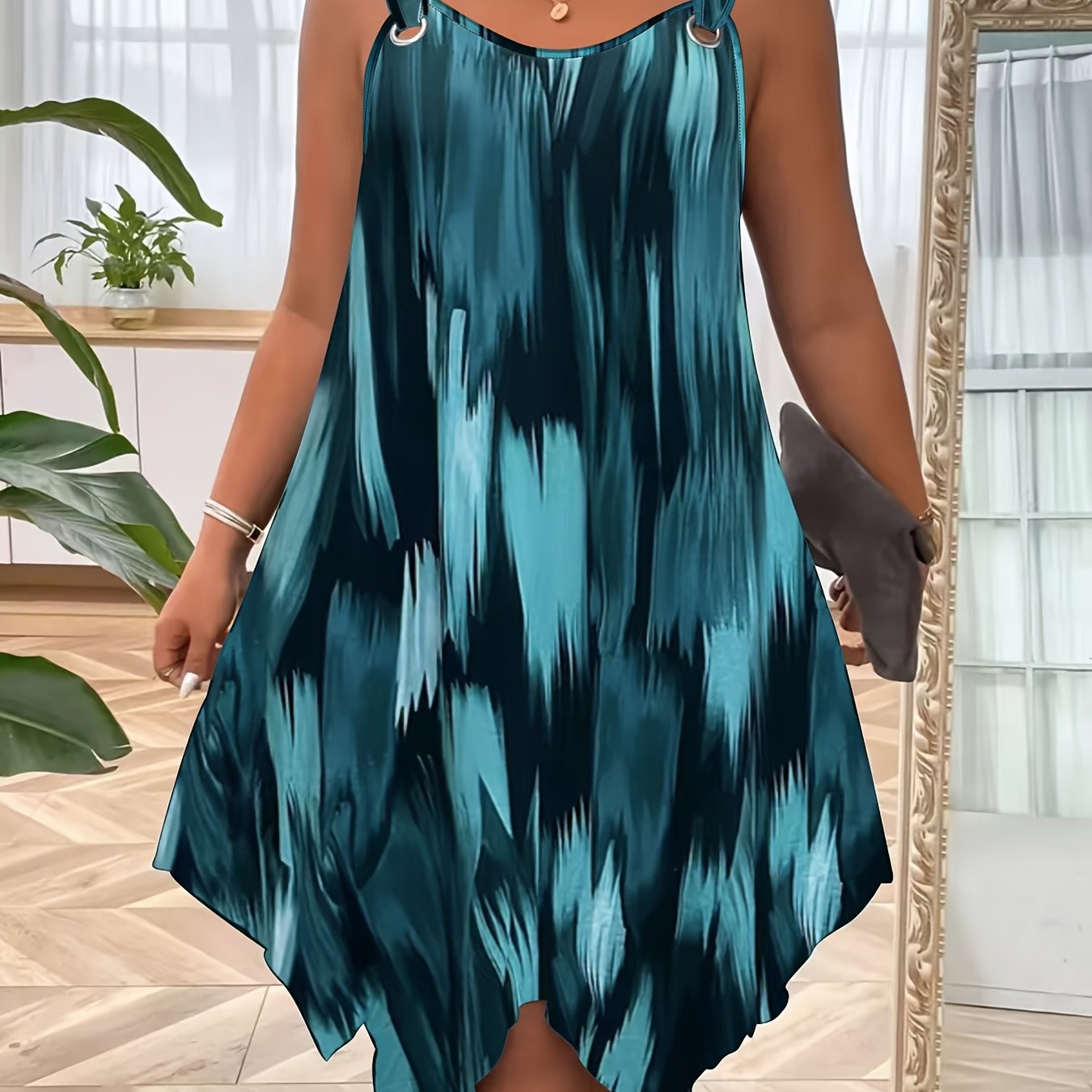 Plus Size Women's Elegant Sleeveless Summer Dress - Gradient Print with Pockets, Asymmetrical Hem & Round Neck, Machine Washable Casual to Semi-Formal Wear, Casual Summer Dresses, Lightweight Fashion, Round Neckline, Flowy Si