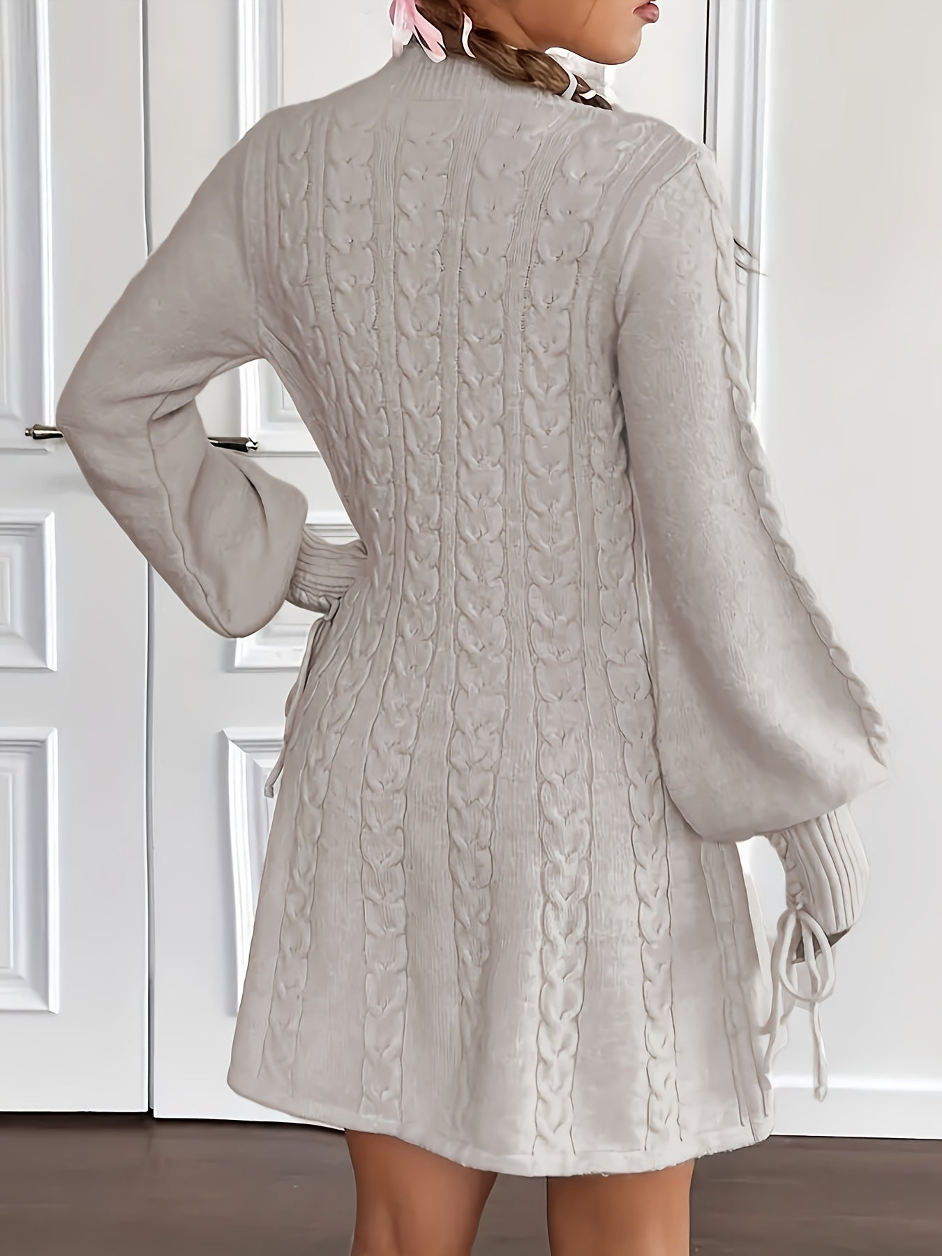 Plus Size, Plus Size Women's Elegant Cable- Dress - V-Neck A-Line Midi Length with Puff Sleeve & Voluminous Hem, Voluminous Dress for Curvy (200+ lbs) - Wedding Guest, Party, Casual Attire - All-Season White Sweater Dress, Dr