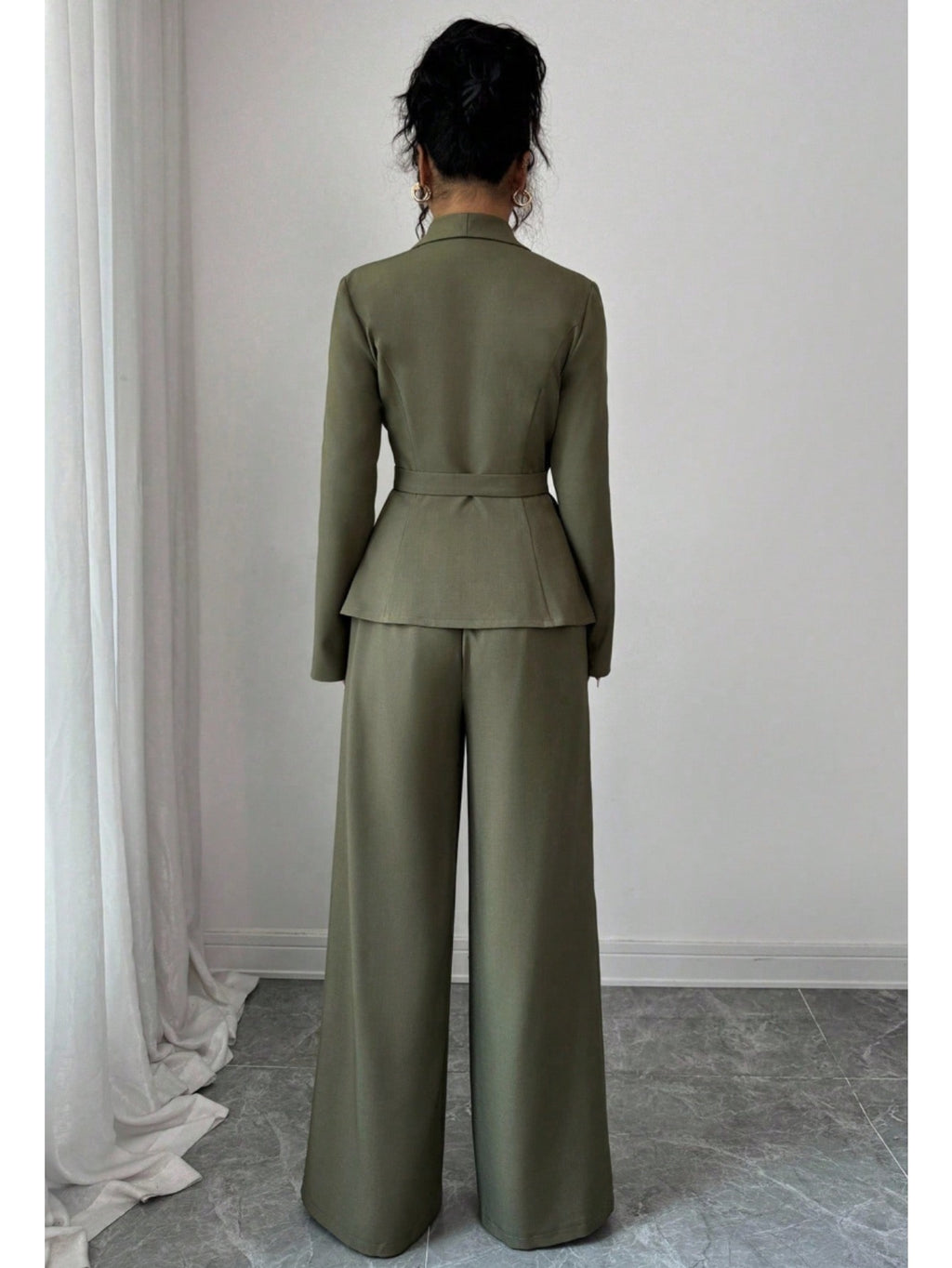2pcs/ set Elegant Waist-Defined Suit Set for Women | Olive Green Asymmetric Blazer + Wide-Leg Trousers Two-Piece, Perfect for Spring/ Fall Office and Sophisticated Social Occasions, Suits For Women Elegant Classy, Trouser Sui