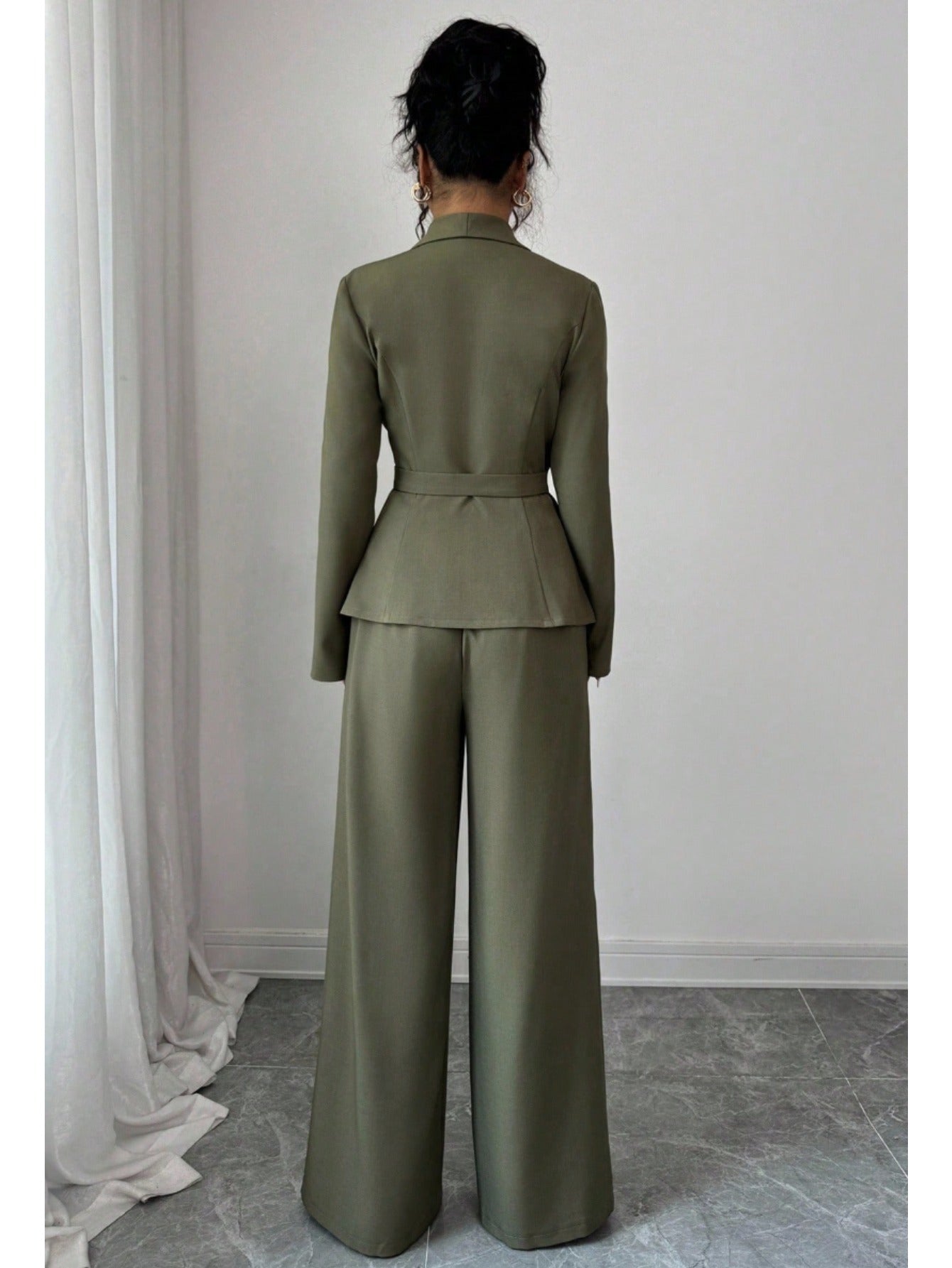 2pcs/ set Elegant Waist-Defined Suit Set for Women | Olive Green Asymmetric Blazer + Wide-Leg Trousers Two-Piece, Perfect for Spring/ Fall Office and Sophisticated Social Occasions, Suits For Women Elegant Classy, Trouser Sui