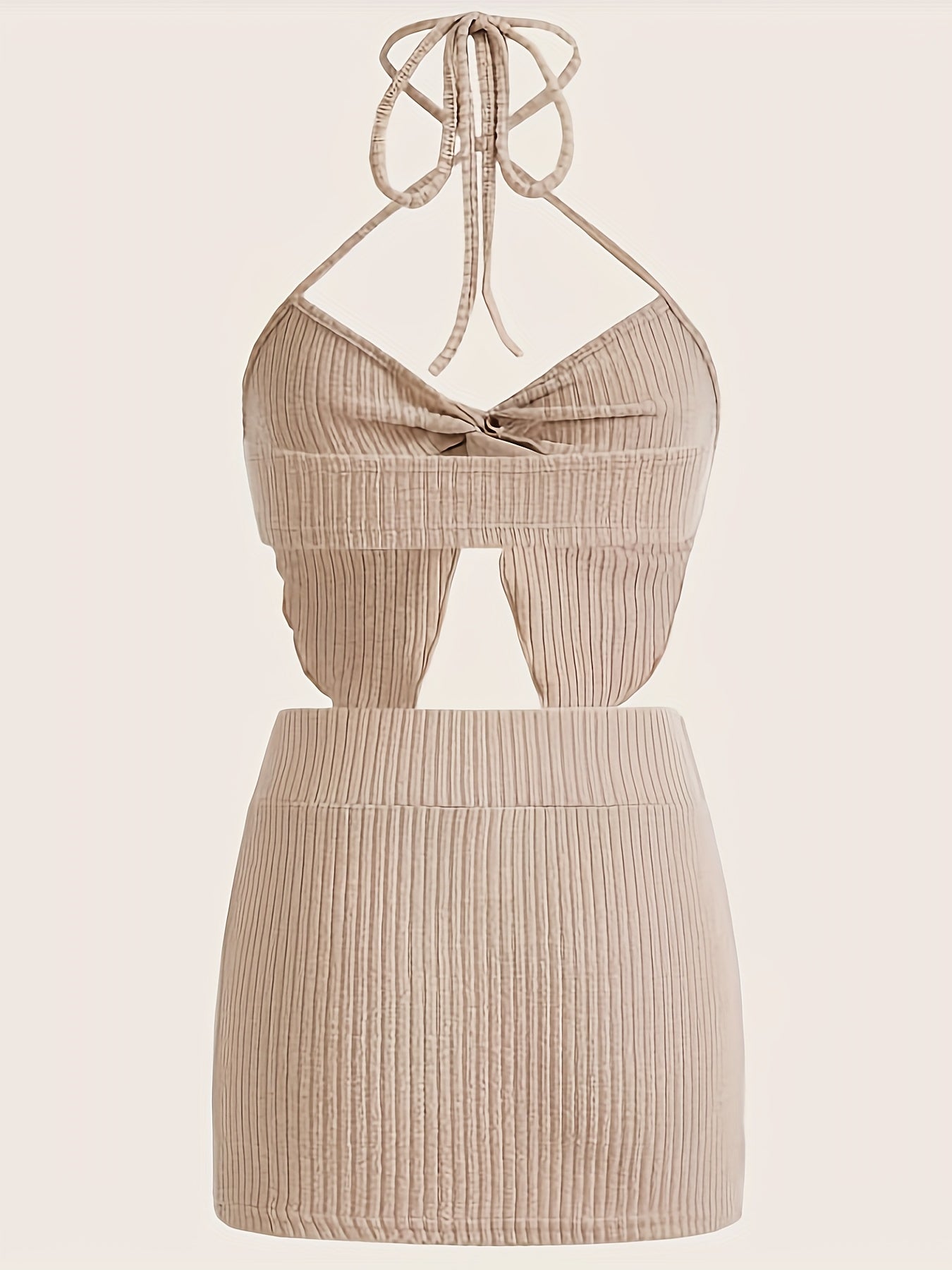 Two-piece Solid Slim Y2K Skirt Set, High Waist Ribbed Skirt & Twist Halter Crop Cami Top Outfits for Women