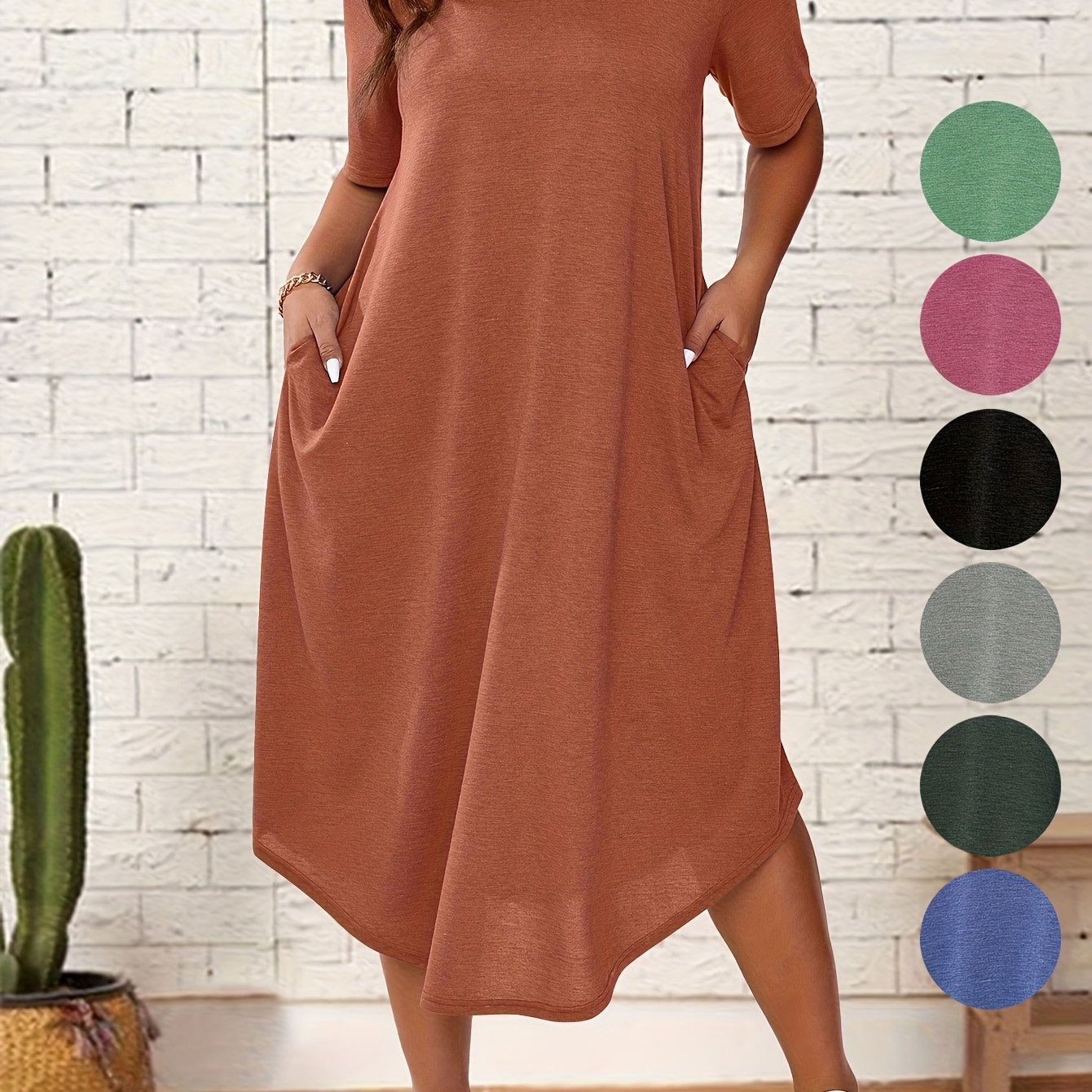 Plus Size Solid Color Dress, Casual Short Sleeve Crew Neck Dress for Spring & Summer, Women's Plus Size Clothing, Plus Size Dresses