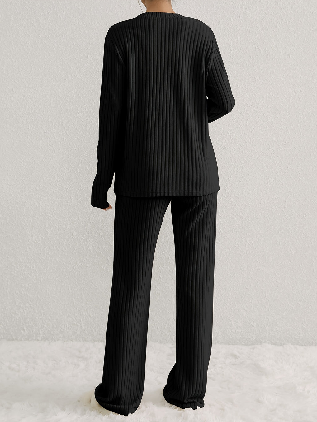 Two-piece Long Sleeve Casual Ribbed Knit Set, V Neck Top & Loose Pants Outfits for Women