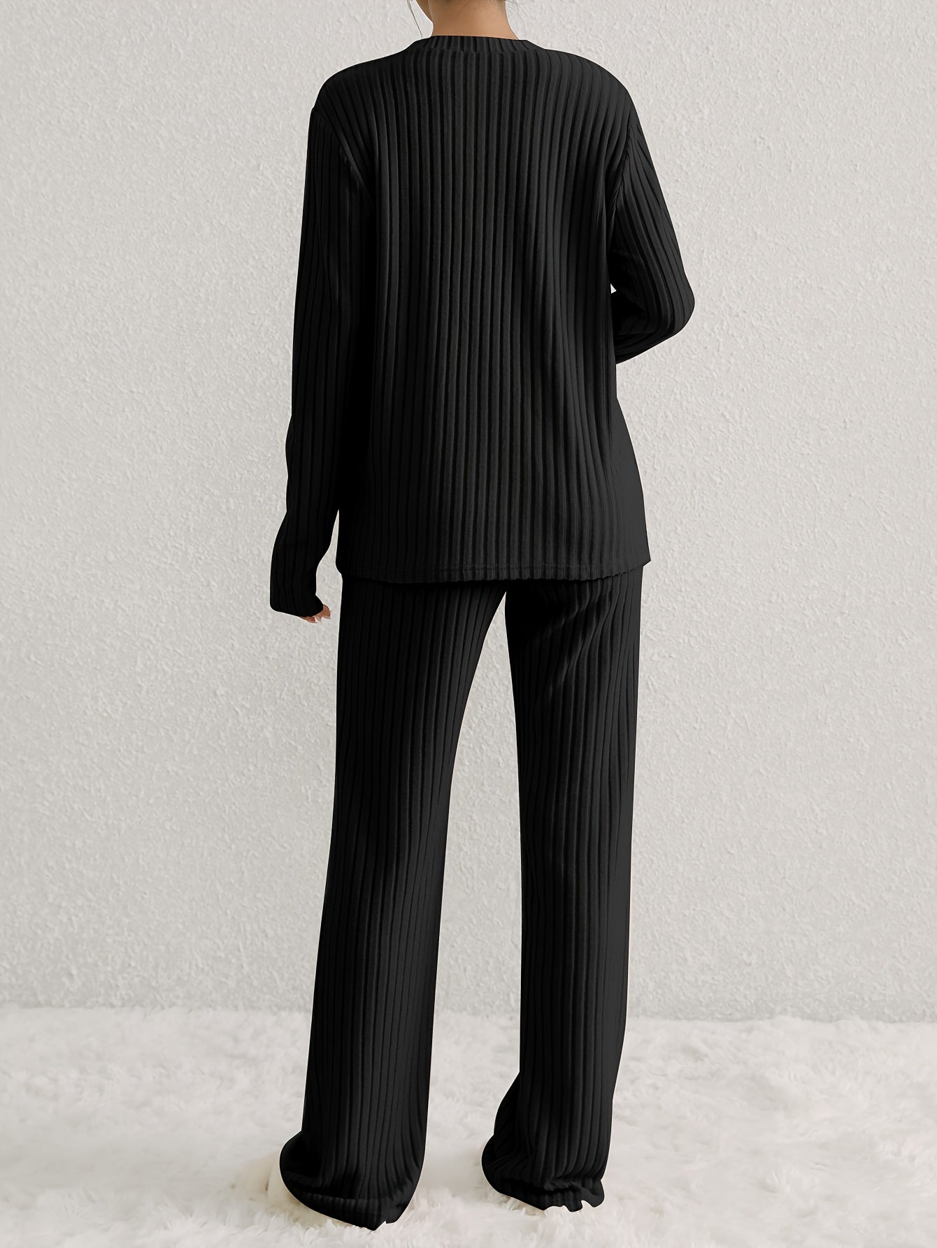 Two-piece Long Sleeve Casual Ribbed Knit Set, V Neck Top & Loose Pants Outfits for Women