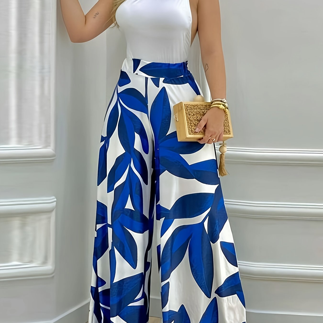 One Shoulder Solid Backless Tank Top Plus Wide Leg High Waist Pantsuits - High Elasticity, Polyester, Machine Washable, Solid Color, Knit Fabric, Casual Style Outfits for Women - Perfect for All Seasons