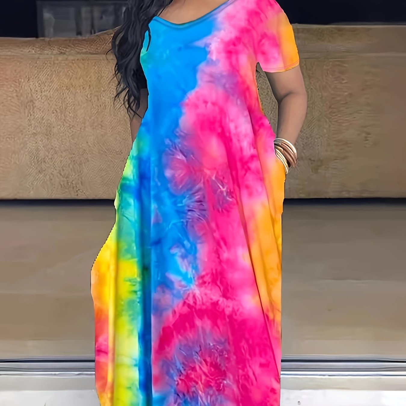 Plus Size Maxi Dress with Pocket, Women's Plus Tie Dye Print Short Sleeve Elegant Medium Stretch Long Dress