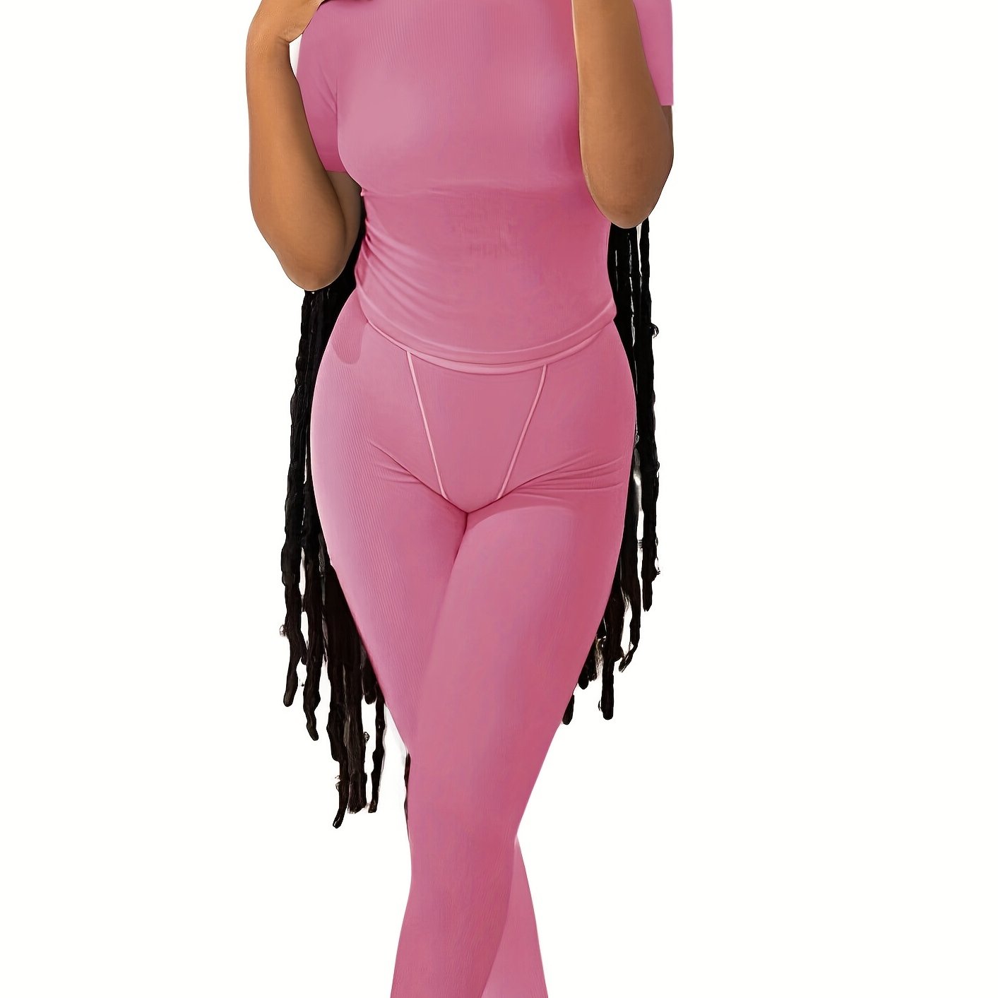 Casual Solid Two-piece Set, Crew Neck Short Sleeve Top & Skinny Pants Outfits, Women's Clothing