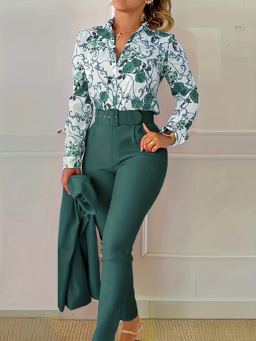 Elegant Two-piece Set, Floral Print V Neck Long Sleeve Blouse & Solid Belted Tapered Pants Outfits, Women's Clothing