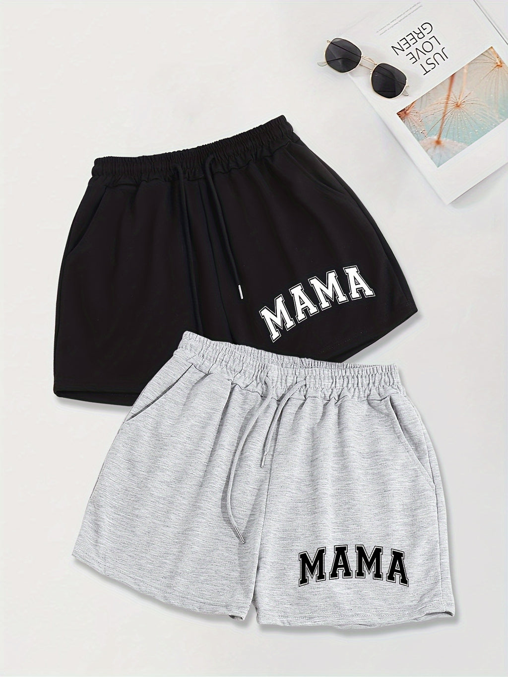 2 Pack Slant Pocket Elastic Waist Shorts, Mama Print Casual Drawstring Shorts Outfits for Women
