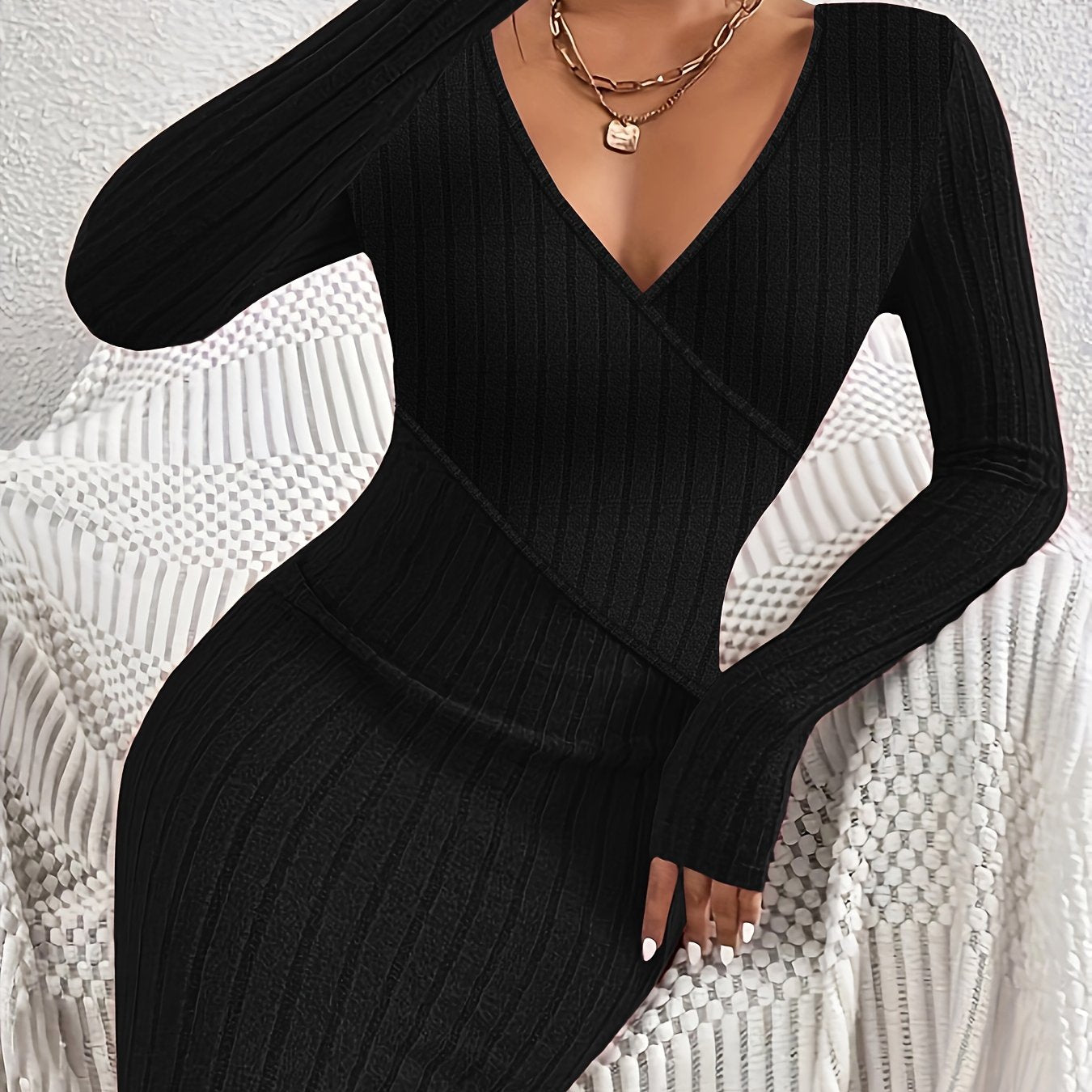 Vibrant Ribbed Bodycon Dress - Elegant Women's Long Sleeve V Neck Dresses for Everyday Wear - Solid Color, Comfortable, and Flattering