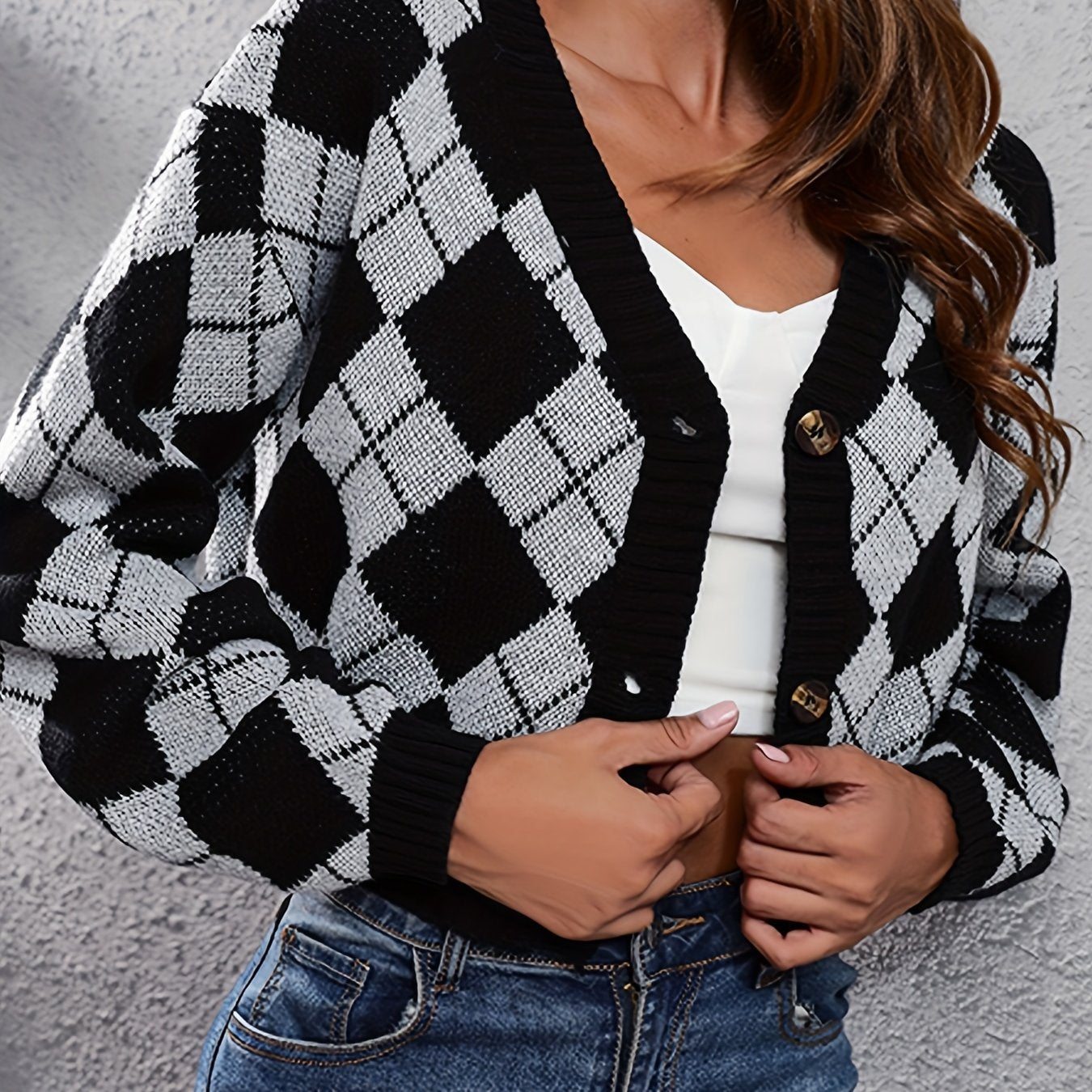 Women'S Elegant Tartan Knit Cardigan, V-Neck Short Length Sweater with Button Detail, Acrylic 100% Long Sleeve Knitwear for Fall/Winter