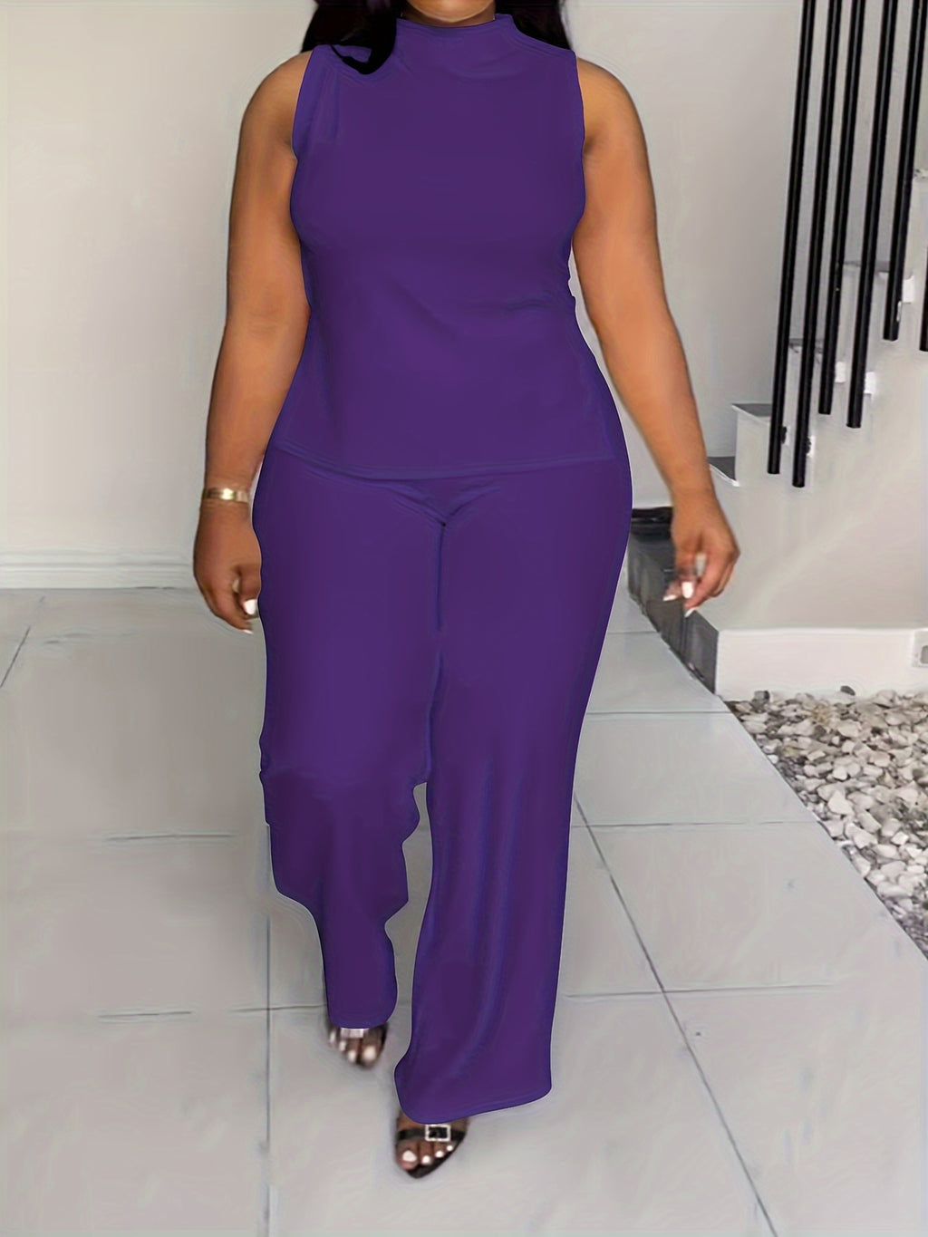 Plus Size Elegant Lash Sets - High Neck, Split Sleeveless Top & Slit Hem Pants, Medium Stretch Polyester, Machine Washable, Solid Color, No Printing - Summer Outfits for Women