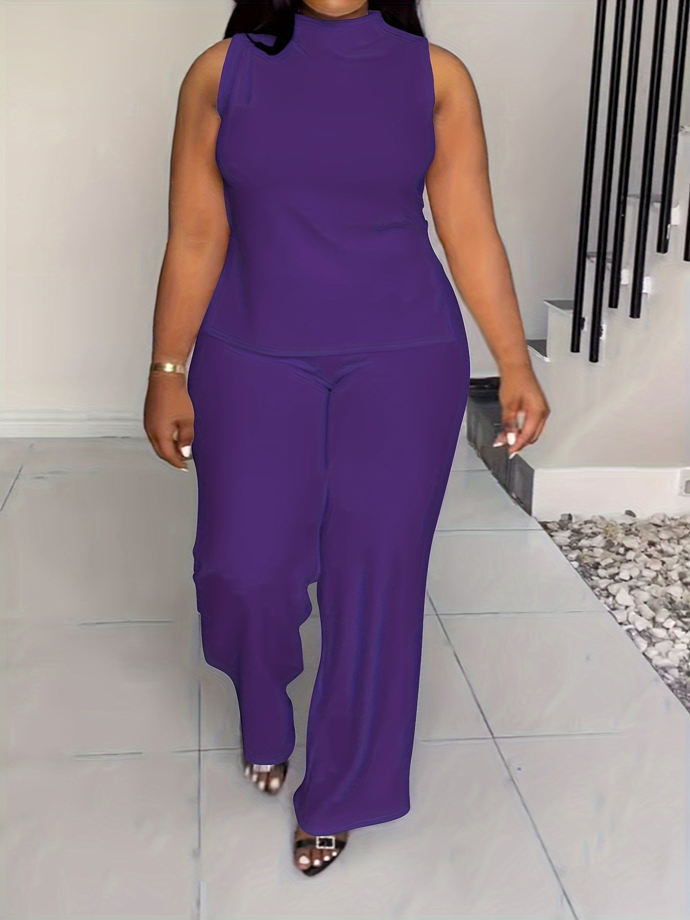 Plus Size Elegant Lash Sets - High Neck, Split Sleeveless Top & Slit Hem Pants, Medium Stretch Polyester, Machine Washable, Solid Color, No Printing - Summer Outfits for Women