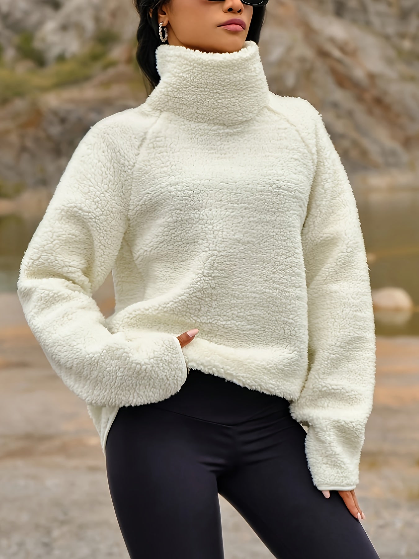 Women's Plush Winter Hoodie - Elegant High-Neck Sweater Jacket, Soft Warm Long Sleeve Pullover Coat, Machine Washable White Sweater for Fall & Winter, Casual to Formal Wear (No Bulk Collar), Winter Clothes For Women, Sweaters