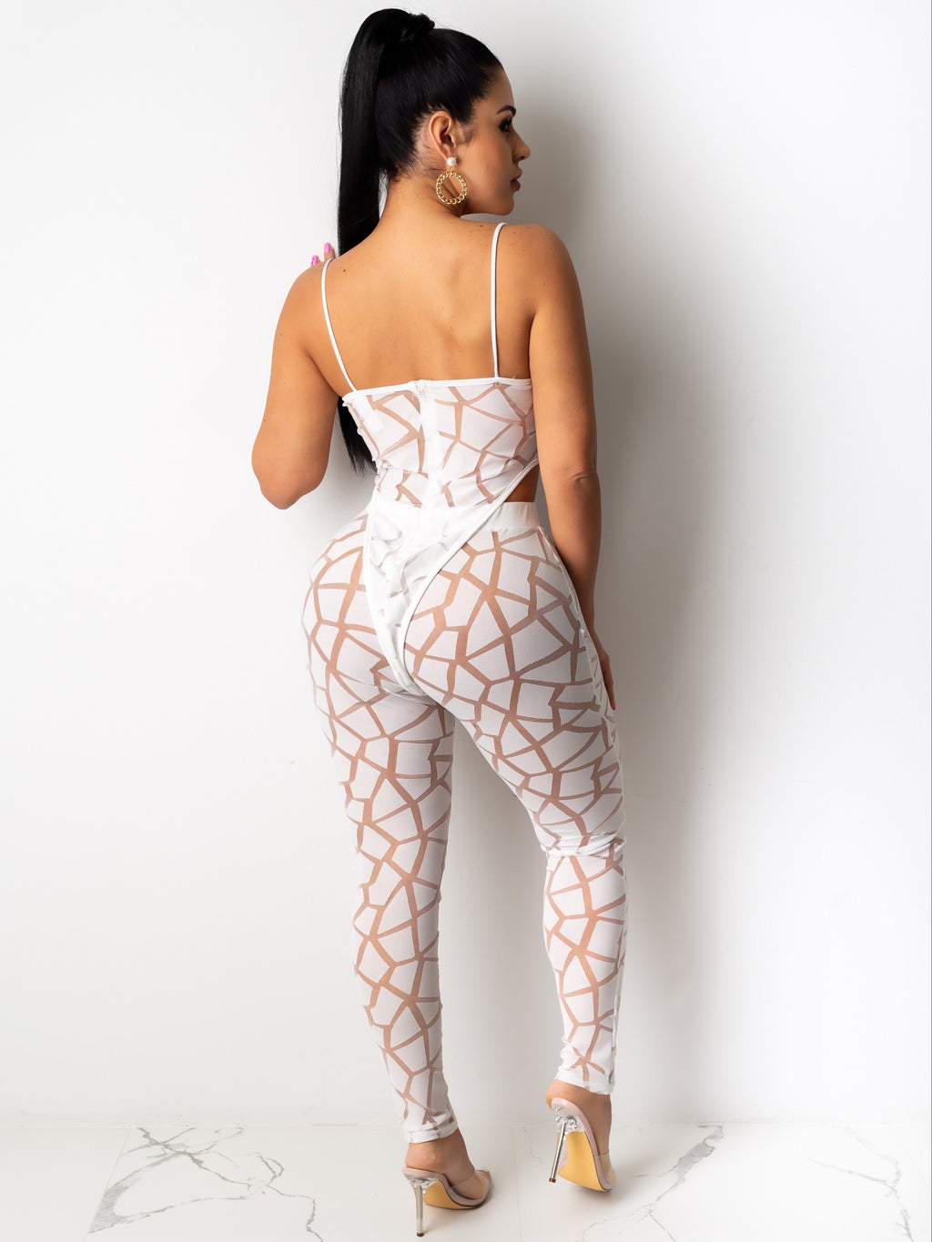 two-piece Women's Graphic Print Sleeveless Bodysuit and High Waist Slim Pants Set - Sexy and Stylish Outfit for Any Occasion