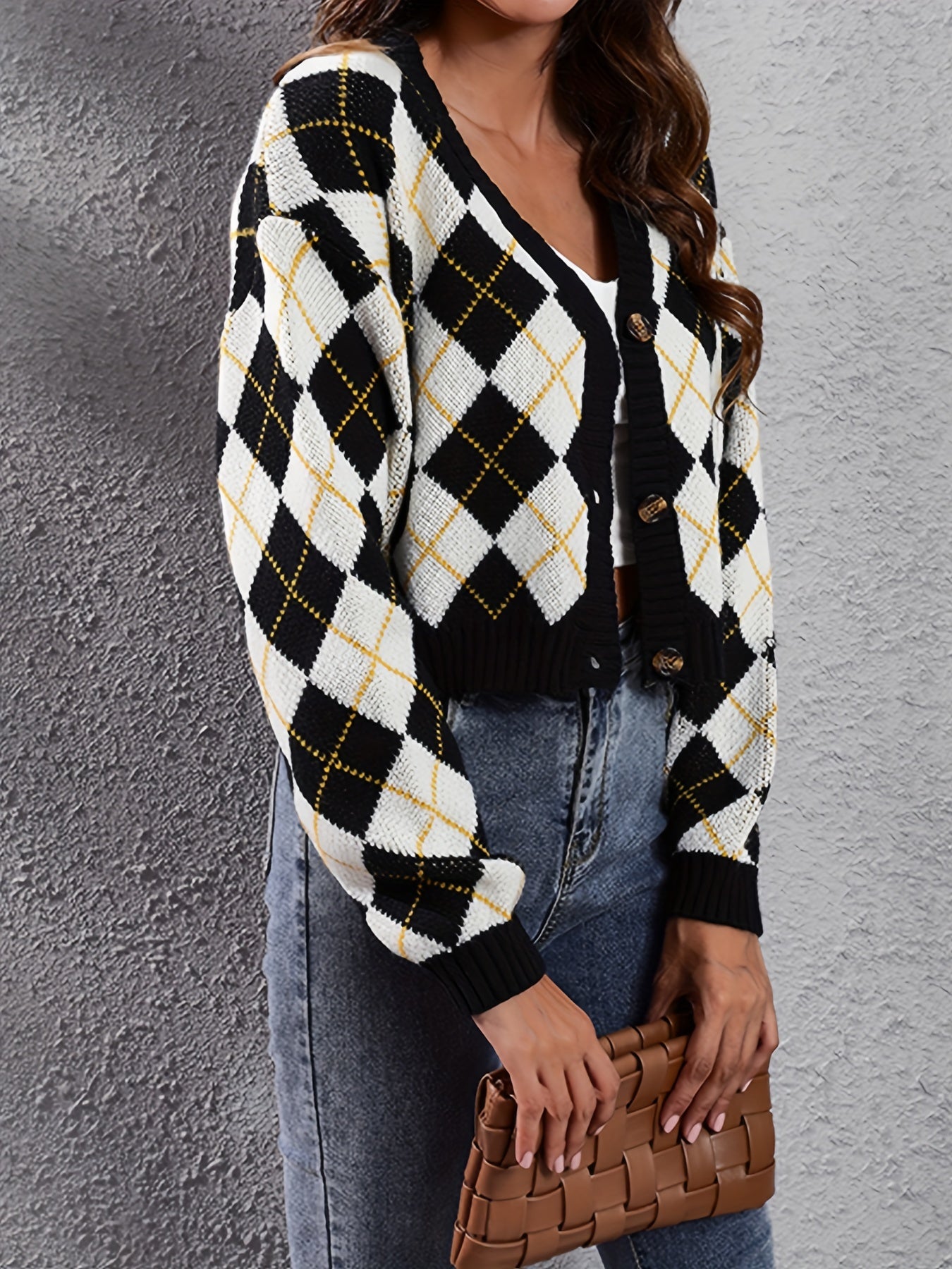 Women'S Elegant Tartan Knit Cardigan, V-Neck Short Length Sweater with Button Detail, Acrylic 100% Long Sleeve Knitwear for Fall/Winter