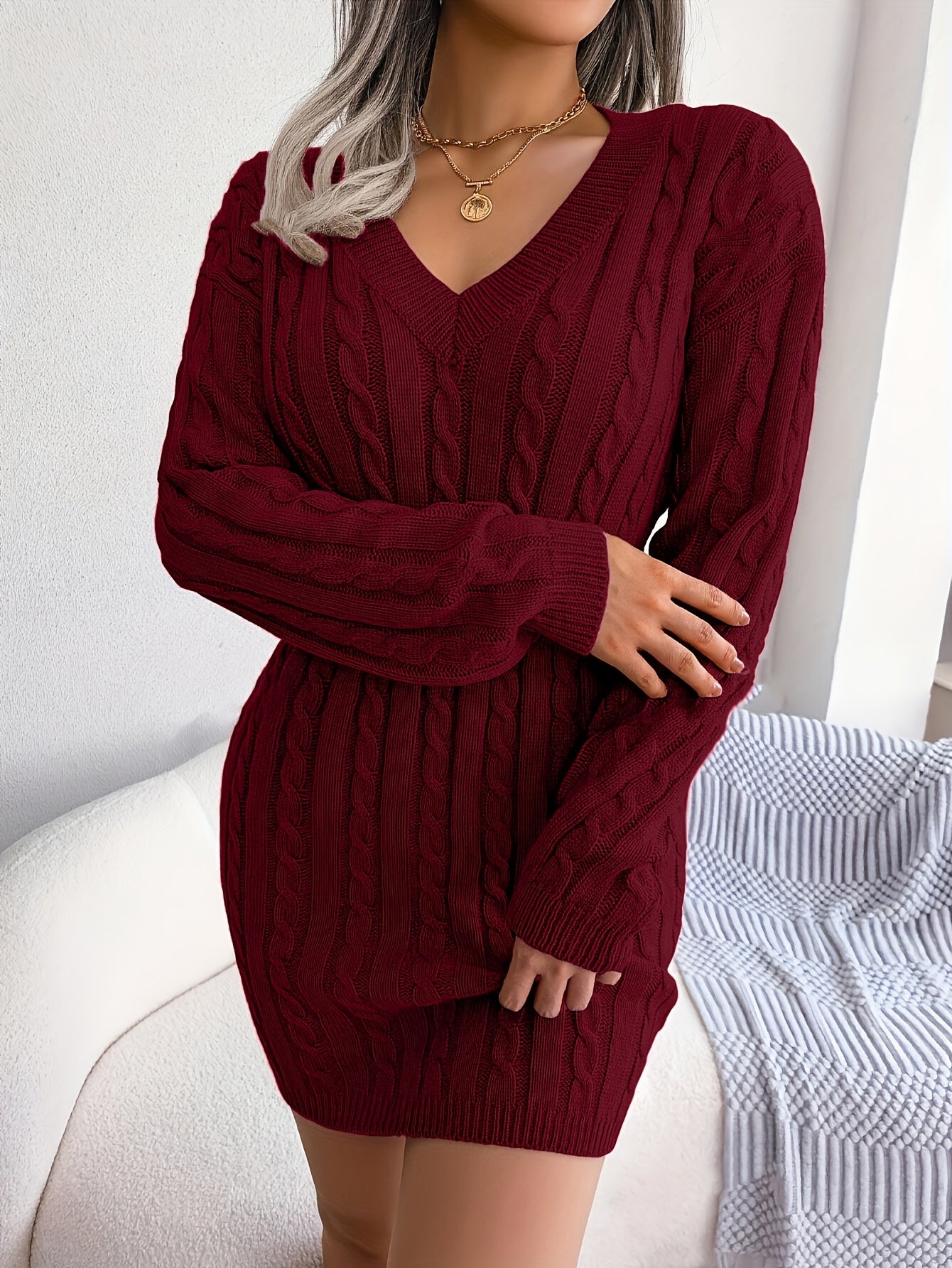 Women's Burgundy Cable- Sweater Dress - Short Sleeve -Line Dress with Voluminous Hem, Machine Washable Winter Wedding Guest Dress, Casual to Formal Outfits (No Dry Clean) - Cozy Knitwear for Parties &, Winter Dresses For Wome