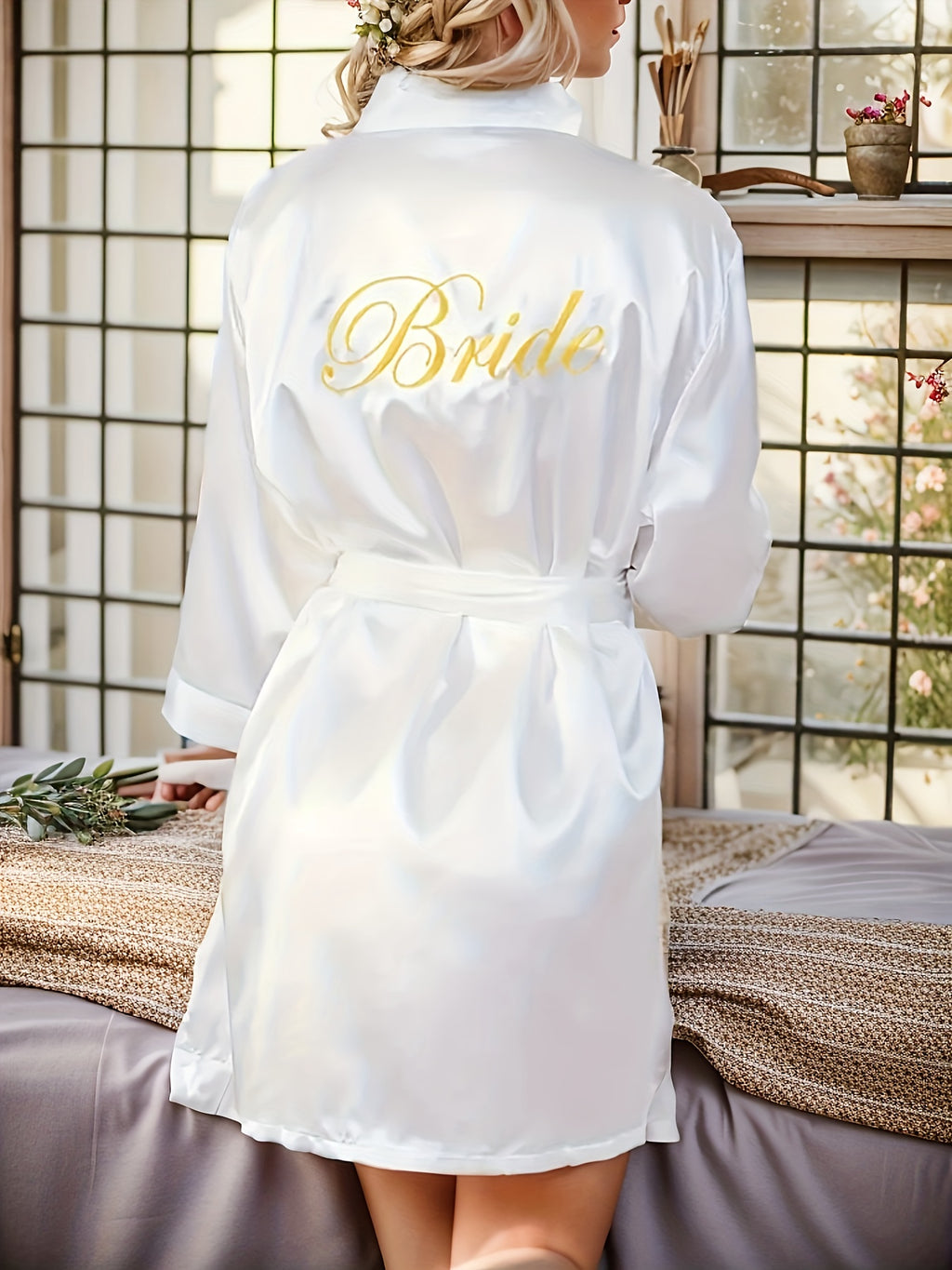 Elegant Long Sleeve Bridal Robe for Women - Pink Satin Nightgown with Golden "Bride" Embroidery, Asymmetrical Neckline, Belted Waist, Perfect for Weddings, Sleepwear, and Special Occasions, Wedding Dresses for Bride, Wedding