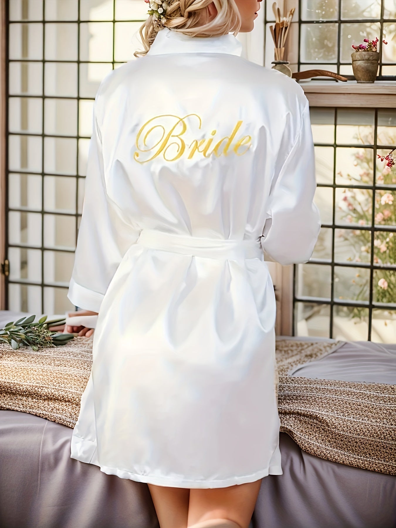 Elegant Long Sleeve Bridal Robe for Women - Pink Satin Nightgown with Golden "Bride" Embroidery, Asymmetrical Neckline, Belted Waist, Perfect for Weddings, Sleepwear, and Special Occasions, Wedding Dresses for Bride, Wedding