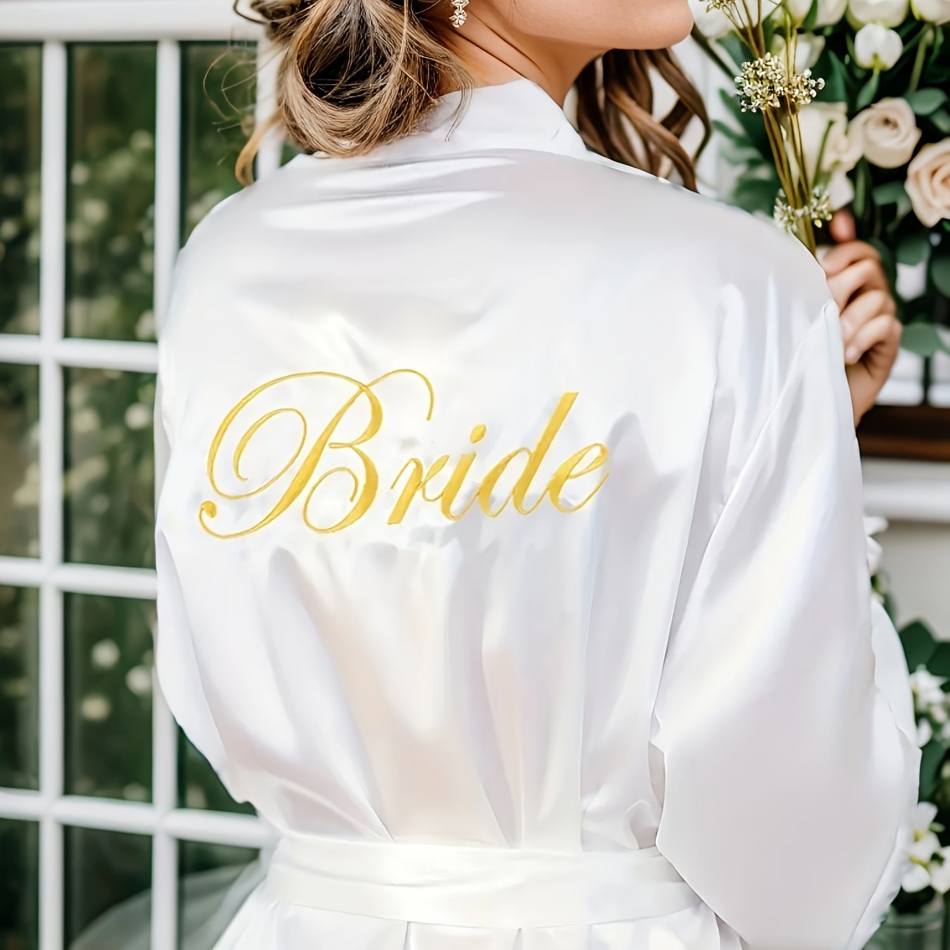 Elegant Long Sleeve Bridal Robe for Women - Pink Satin Nightgown with Golden "Bride" Embroidery, Asymmetrical Neckline, Belted Waist, Perfect for Weddings, Sleepwear, and Special Occasions, Wedding Dresses for Bride, Wedding